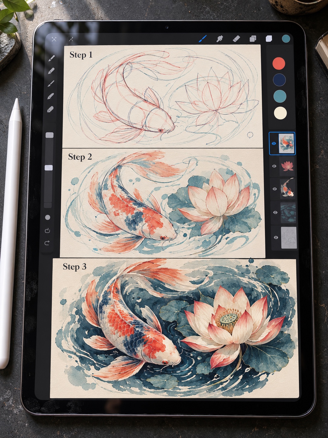 Three-step limited-palette digital watercolour tutorial on an iPad showing a koi fish and lotus