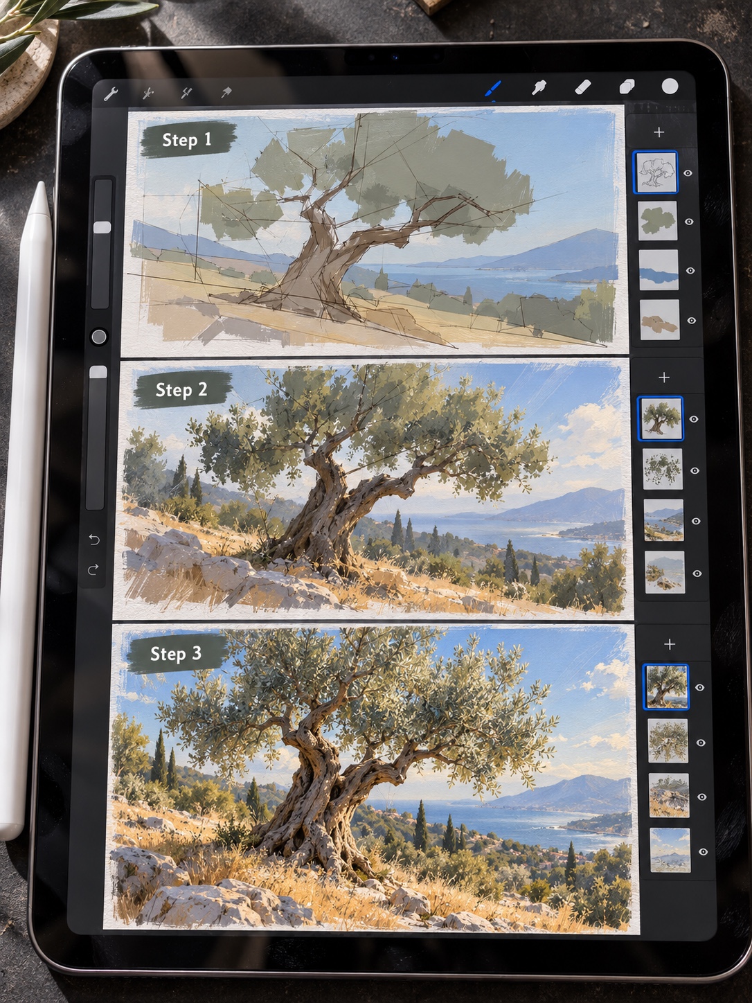 Three-step digital gouache tutorial on an iPad showing edge control and texture in an olive tree landscape