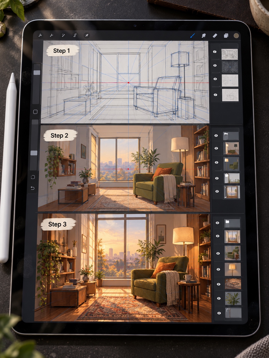 Three-step iPad illustration tutorial progressing from perspective guides to a finished reading nook