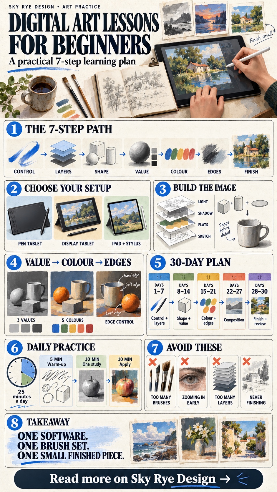 Digital art lessons infographic showing a seven-step learning path, device choices, layers, value, colour, edges, a 30-day plan, daily practice, and beginner mistakes