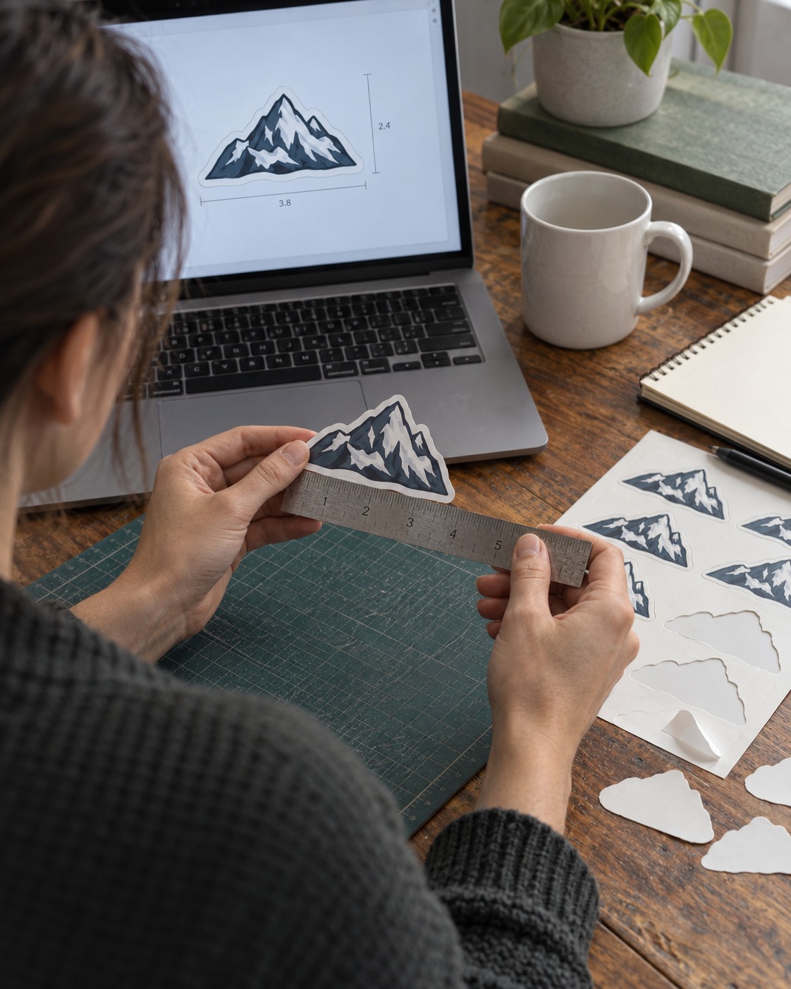 Digital Proof and Die-Cut Sticker Review Designer comparing a digital cut-line proof with a physical die-cut vinyl sticker | Sky Rye Design Designer comparing a digital cut-line proof with a physical die-cut vinyl sticker