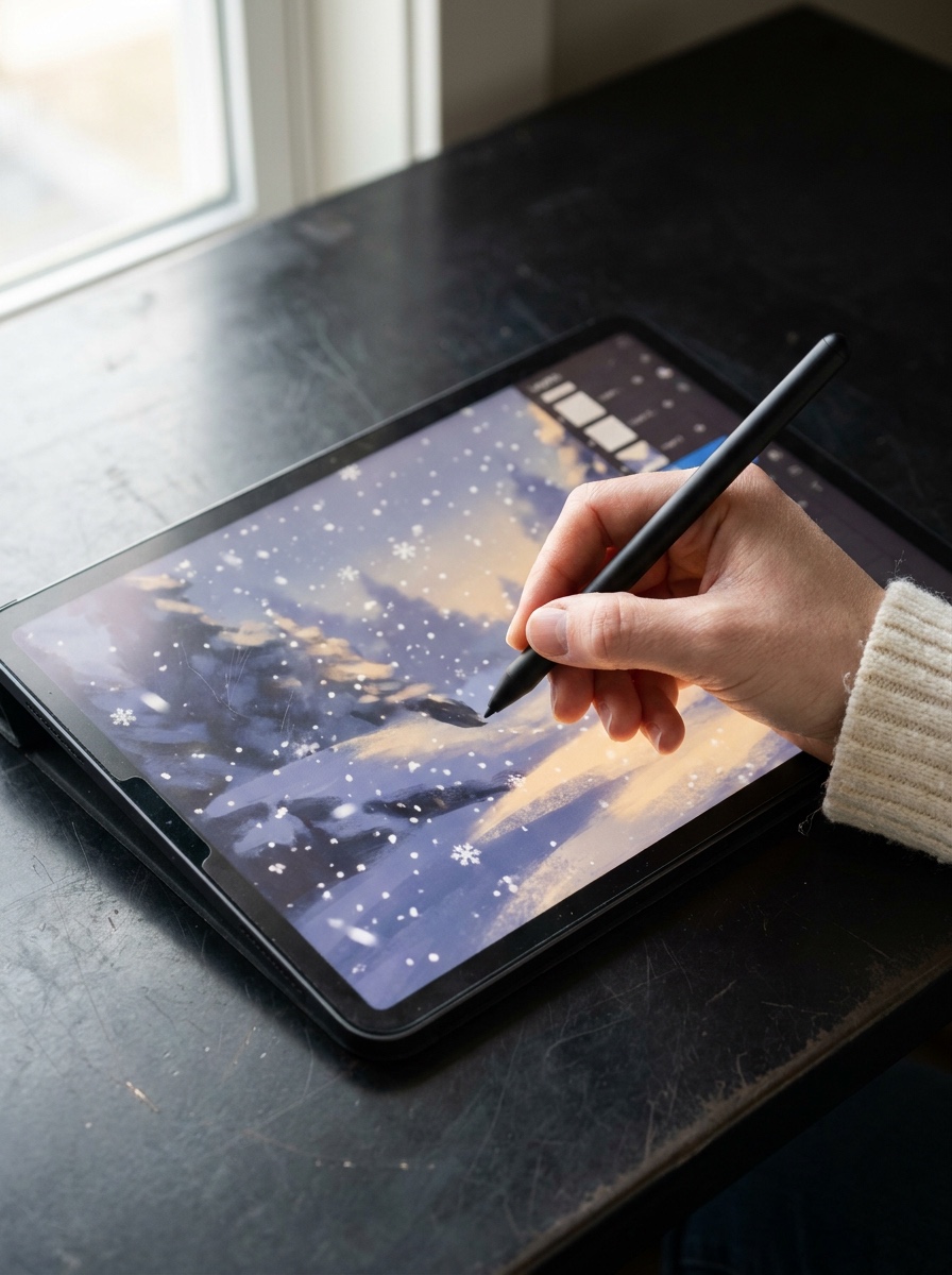 Digital tablet snow painting Digital snow painting on a tablet with separate layers for snow, shadow, and falling flakes | Sky Rye Design Digital snow painting on a tablet with separate layers for snow, shadow, and falling flakes