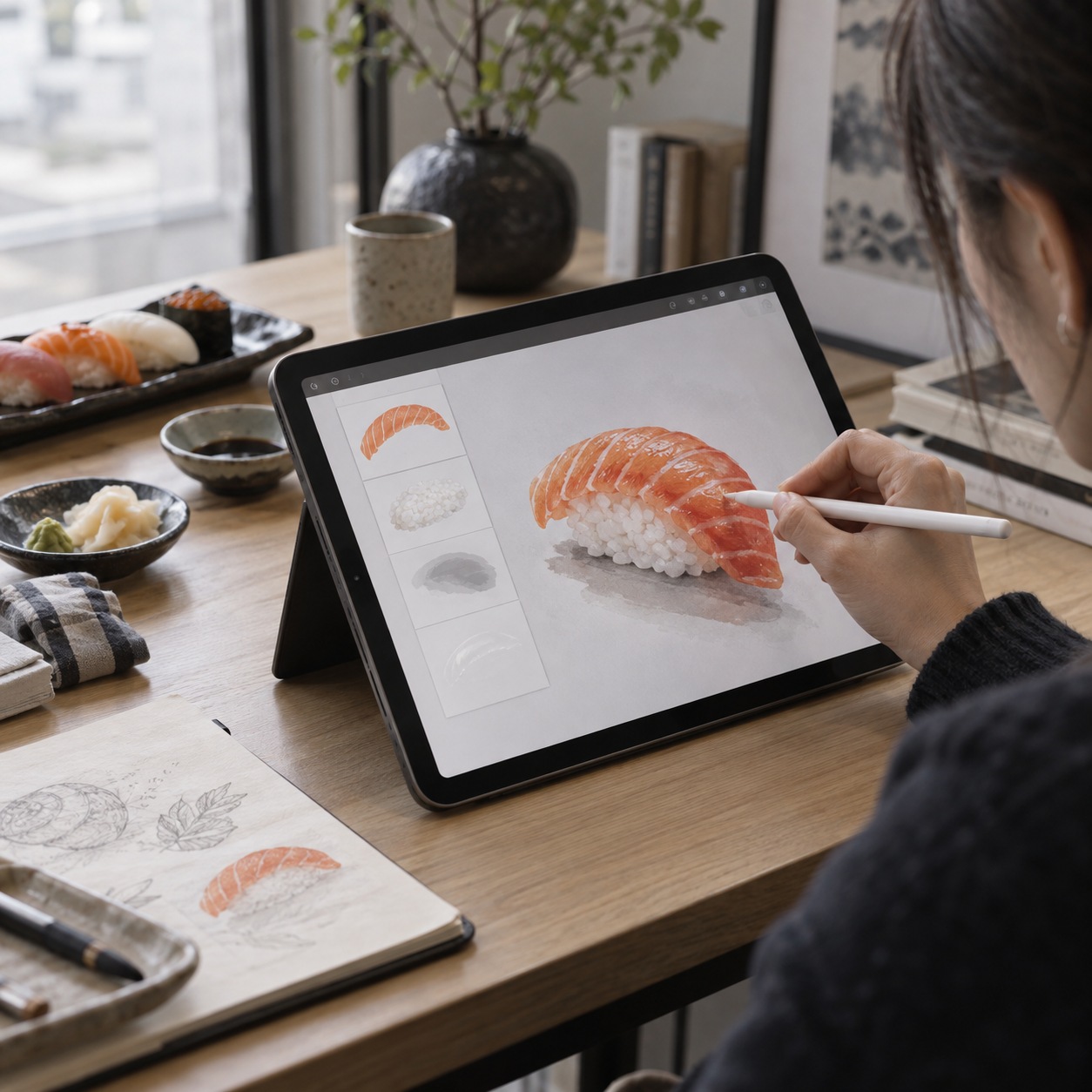 Artist using a stylus to draw sushi with separate shadow and highlight layers