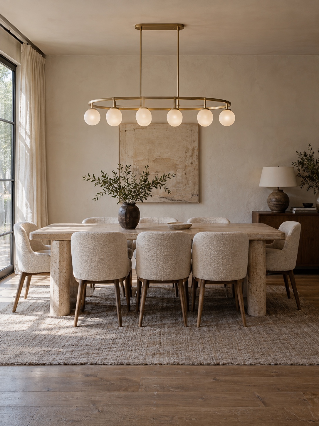 Wide modern chandelier centered 30 to 36 inches above a dining table