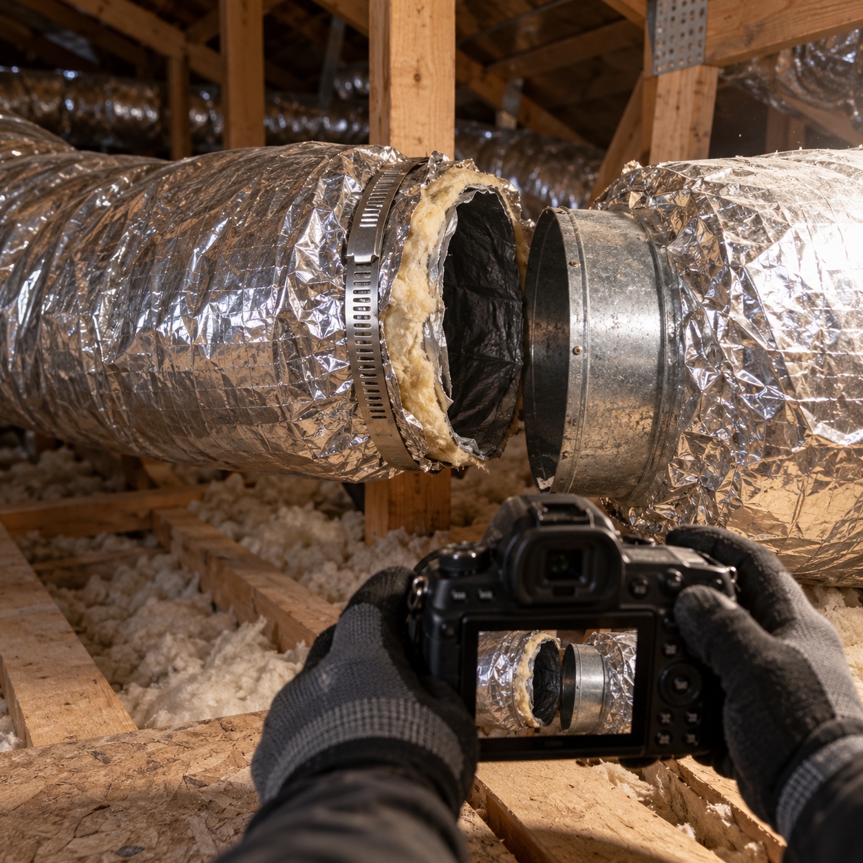 Disconnected Duct Joint in an Attic Disconnected flexible duct joint documented in an accessible attic | Sky Rye Design Disconnected flexible duct joint documented in an accessible attic