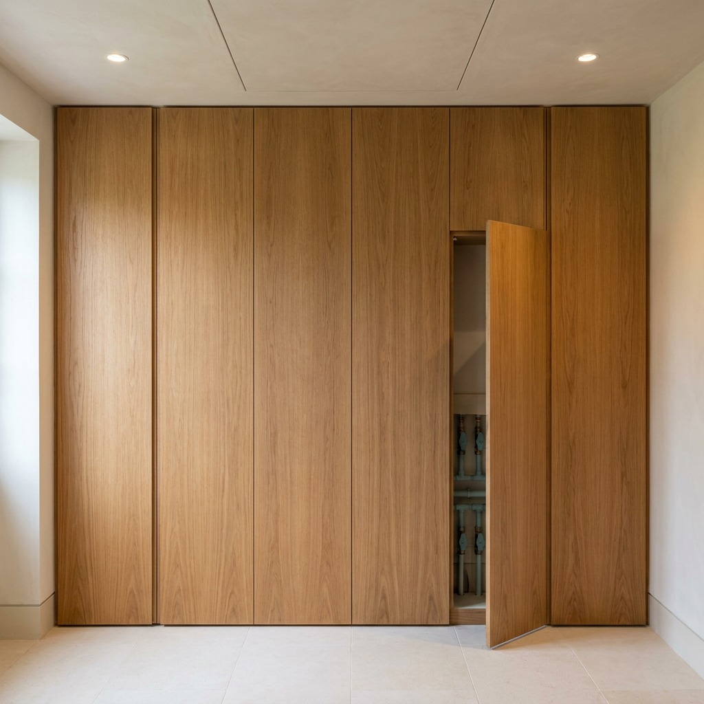 Access Panels Planned Into the Design Discreet flush access panel aligned with oak joinery and a plaster ceiling, one panel slightly open to reveal valves behind | Sky Rye Design Discreet flush access panel aligned with oak joinery and a plaster ceiling, one panel slightly open to reveal valves behind
