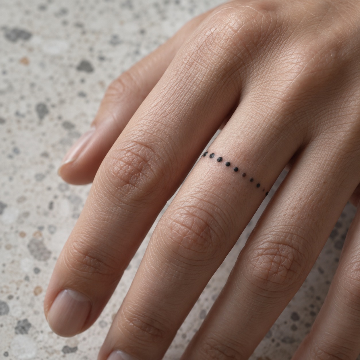 Close view of a dotted wedding band tattoo fading from black to grey