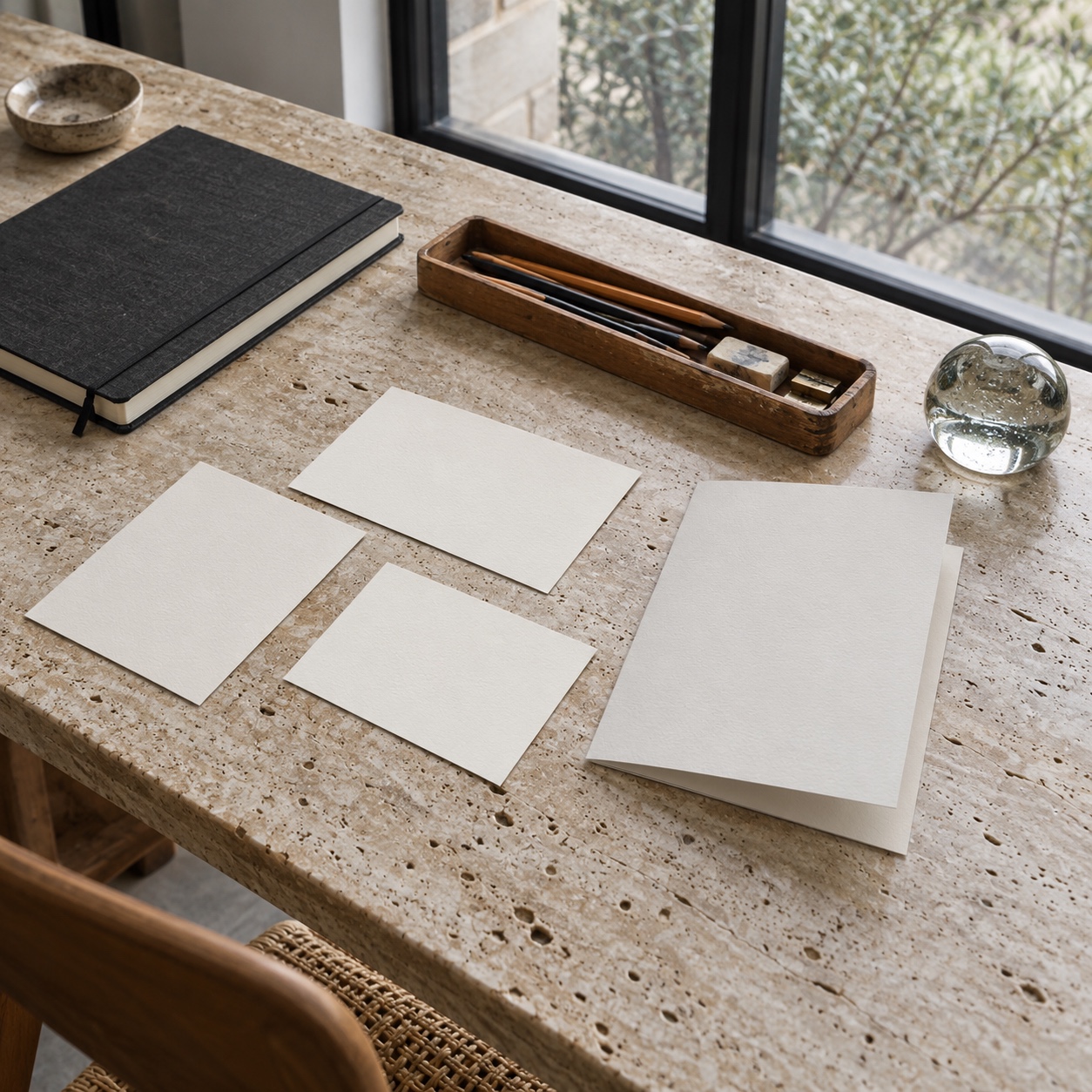 Drawing tutorial lesson assets Blank lesson cards, cover proof, sketchbook, and pencil case arranged on a travertine worktable. | Sky Rye Design Blank lesson cards, cover proof, sketchbook, and pencil case arranged on a travertine worktable.