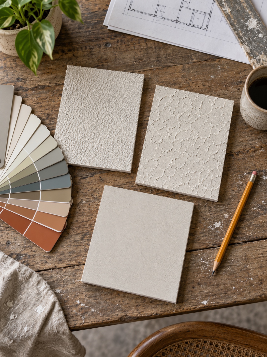 Drywall texture sample boards Interior design workspace with textured tile samples, a color swatch fan, blueprint, pencil, coffee cup, and a plant on a rustic wooden table | Sky Rye Design Orange peel, knockdown and smooth wall texture samples on a work table