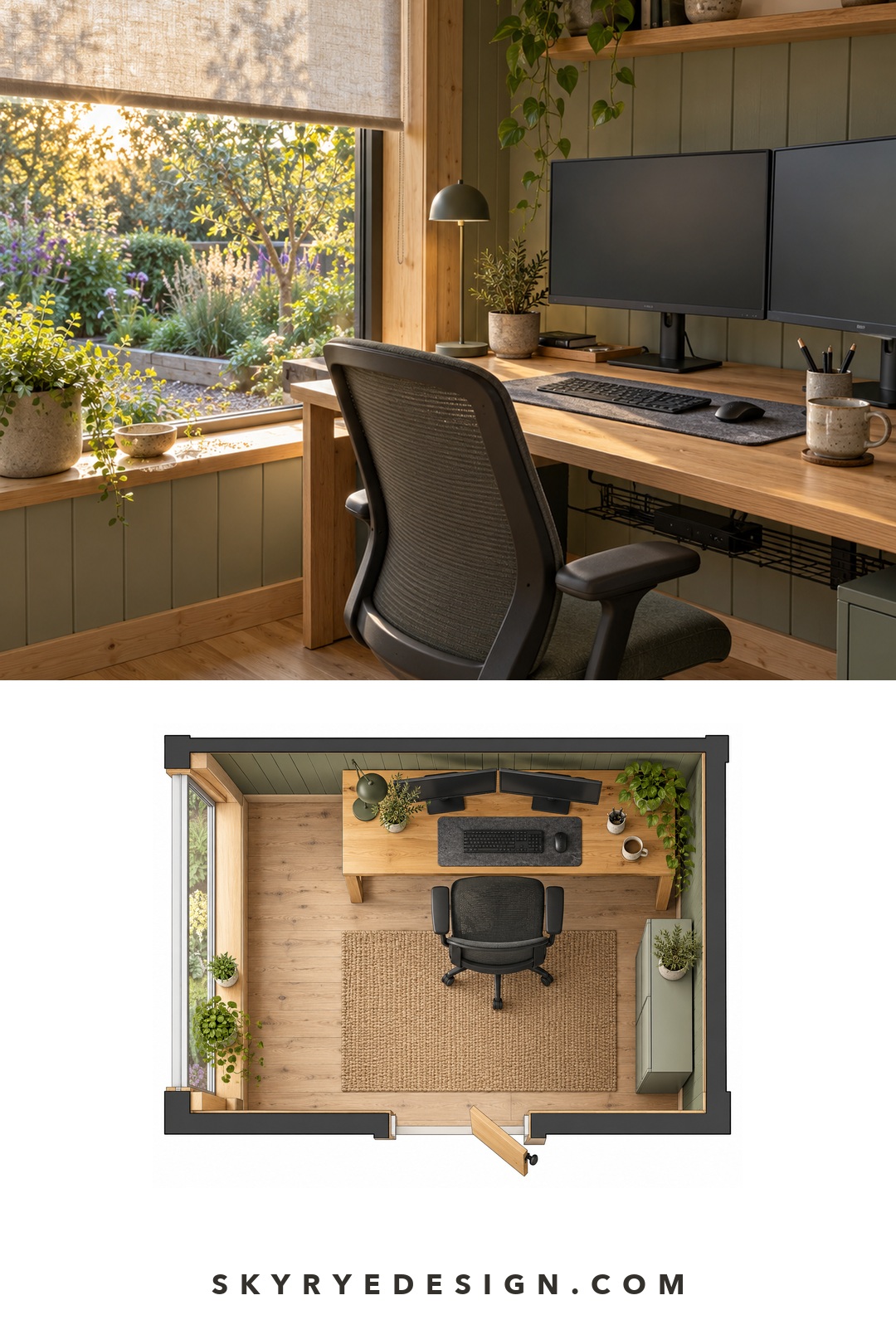 Photo and top-down floor plan of a dual-monitor garden office with a large side window