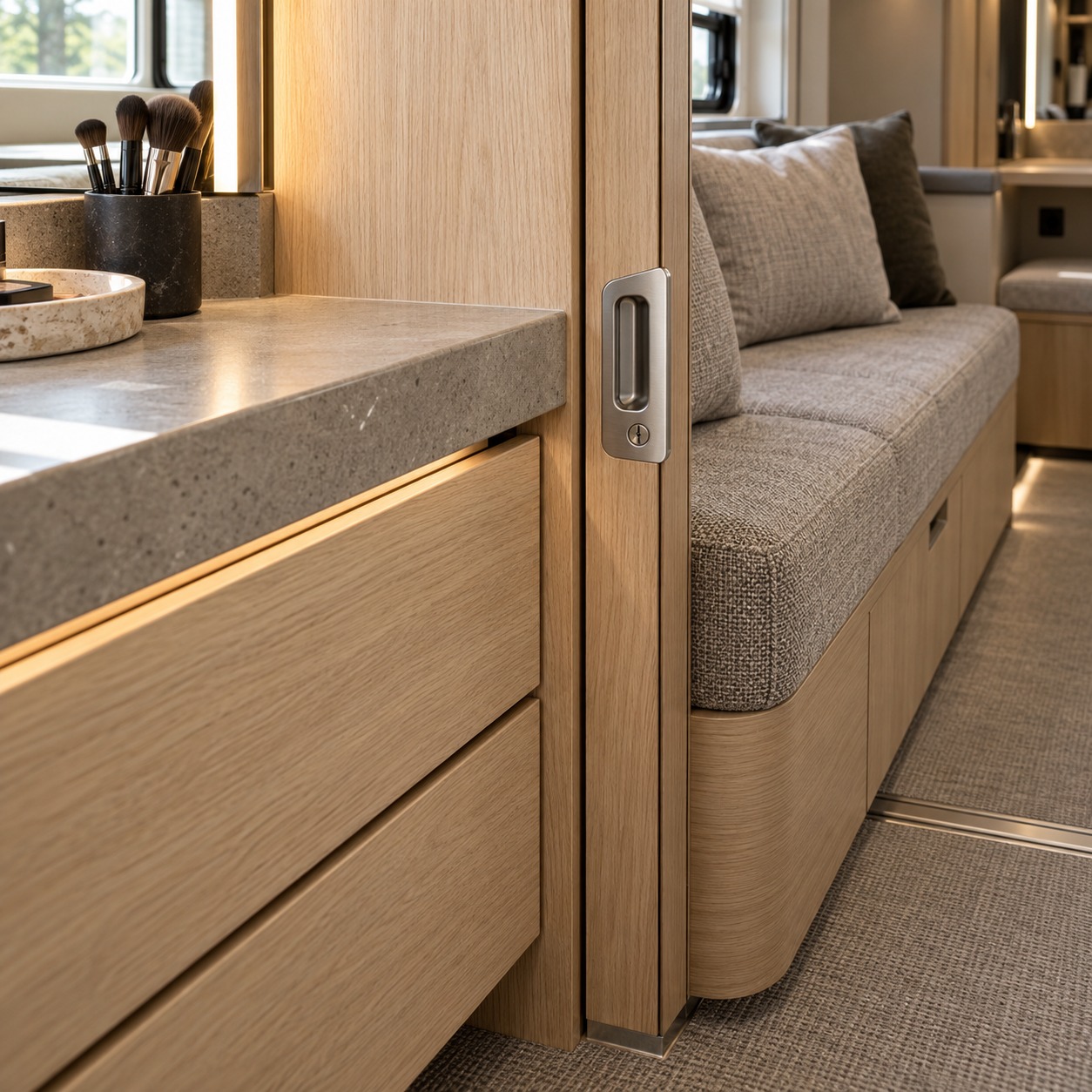 Close view of pale oak, performance upholstery, matte composite, non-slip flooring, and aluminum hardware