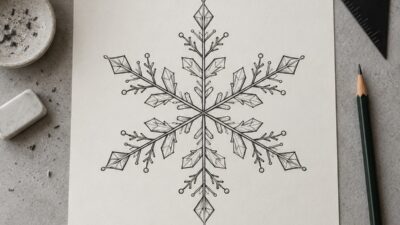 Finished six-arm snowflake drawing with a set square and pencil