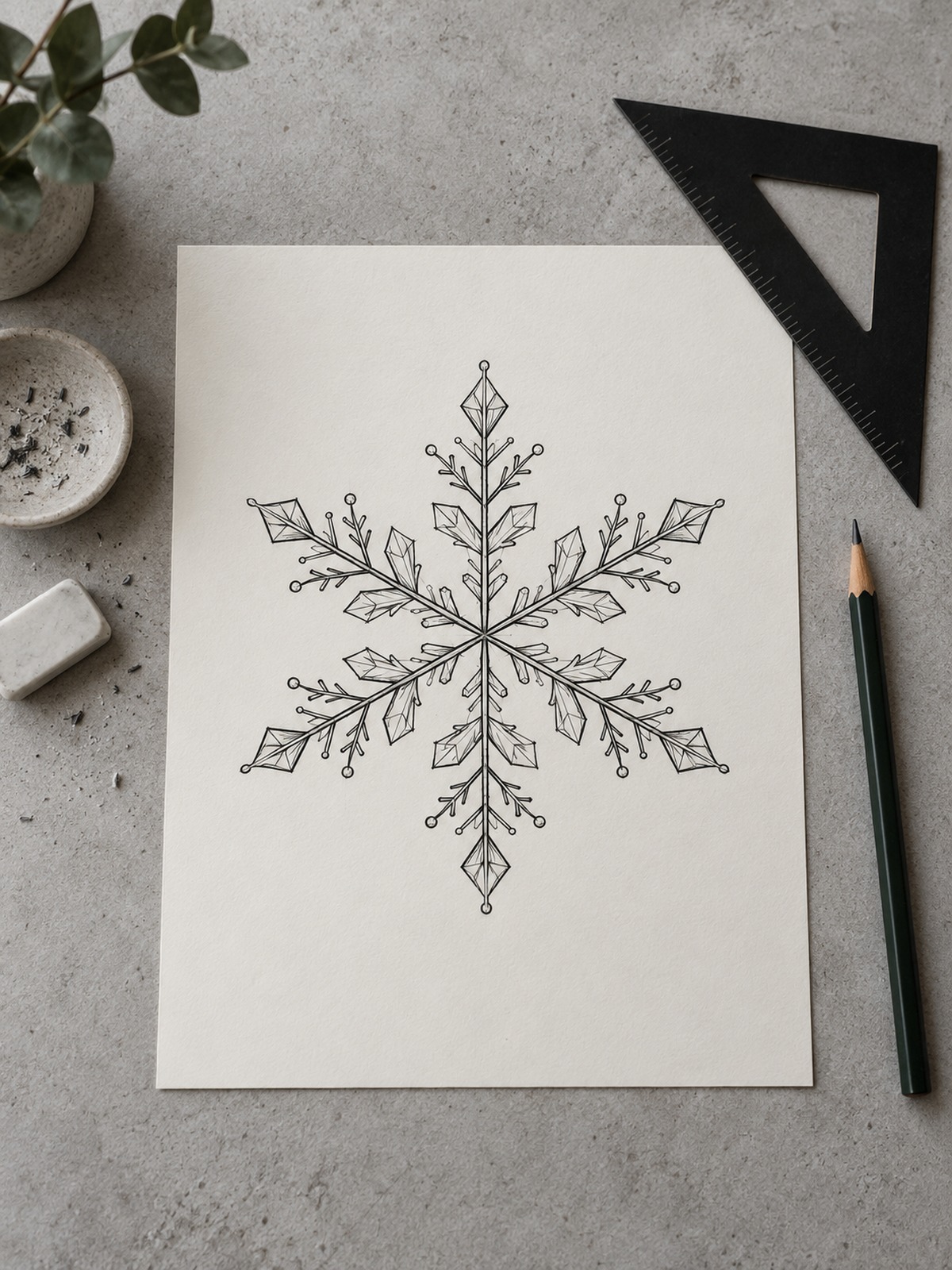 Finished six-arm snowflake drawing with a set square and pencil Finished six-arm snowflake drawing with a set square and pencil | Sky Rye Design Finished six-arm snowflake drawing with a set square and pencil