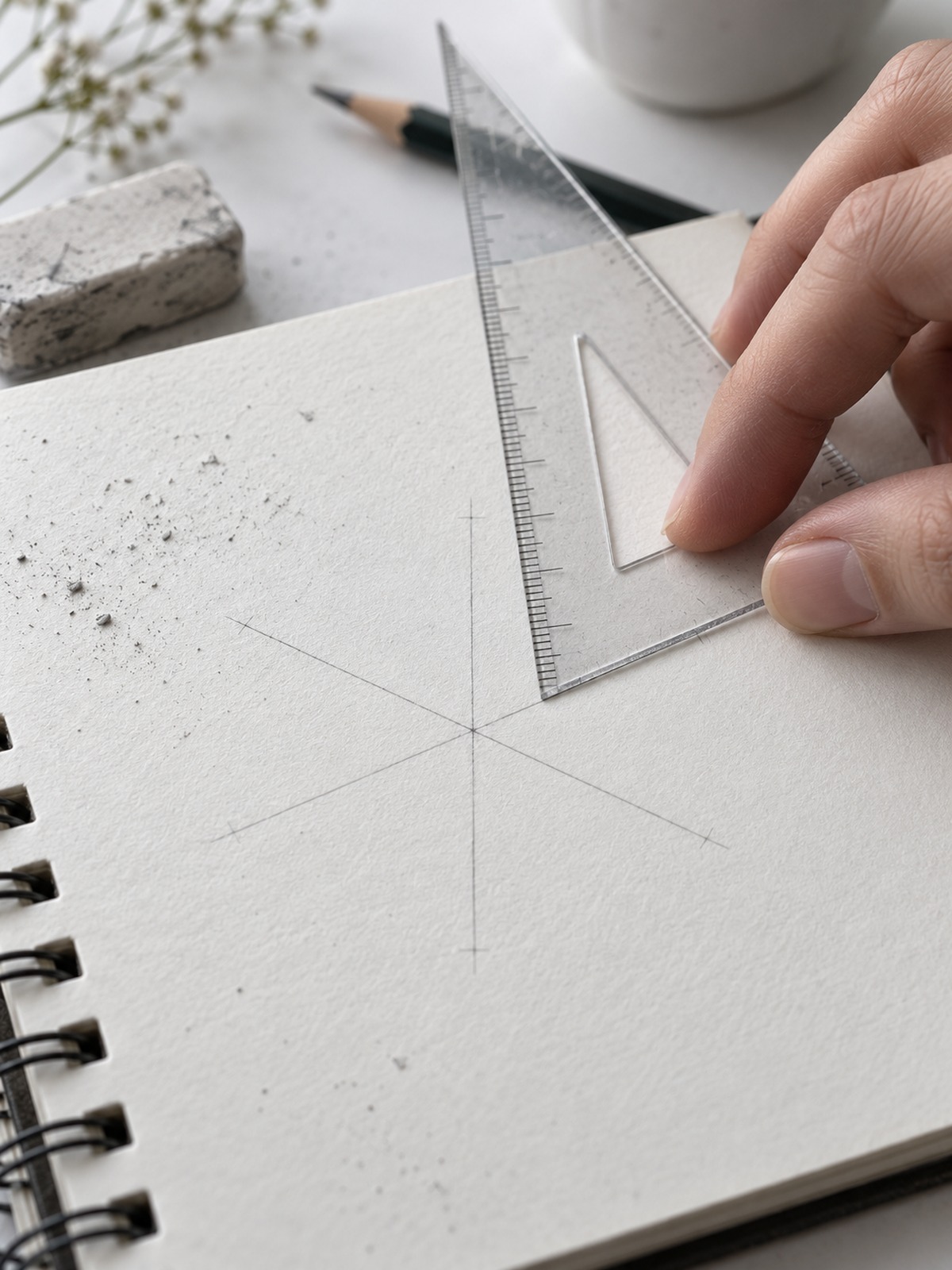 Using a 30-60-90 set square to draw snowflake guidelines Using a 30-60-90 set square to draw snowflake guidelines | Sky Rye Design Using a 30-60-90 set square to draw snowflake guidelines