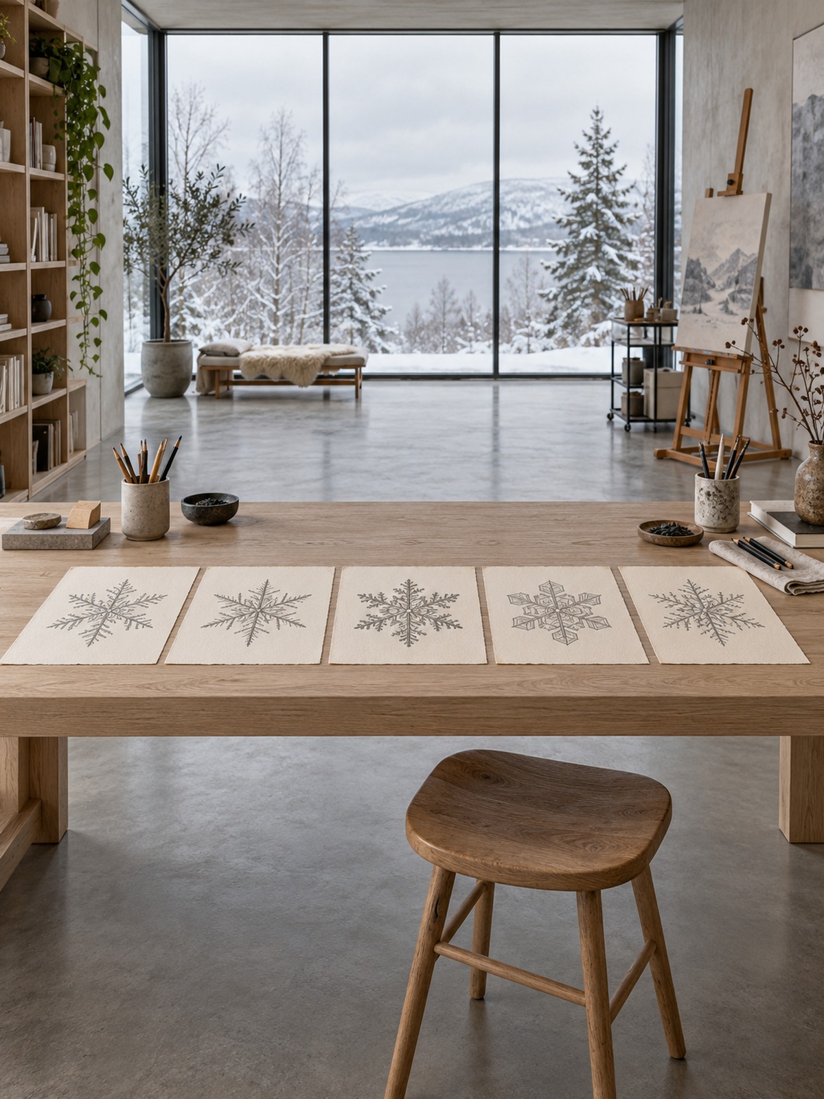 Five hand-drawn snowflake designs displayed in a modern studio Five hand-drawn snowflake designs displayed in a modern studio | Sky Rye Design Five hand-drawn snowflake designs displayed in a modern studio