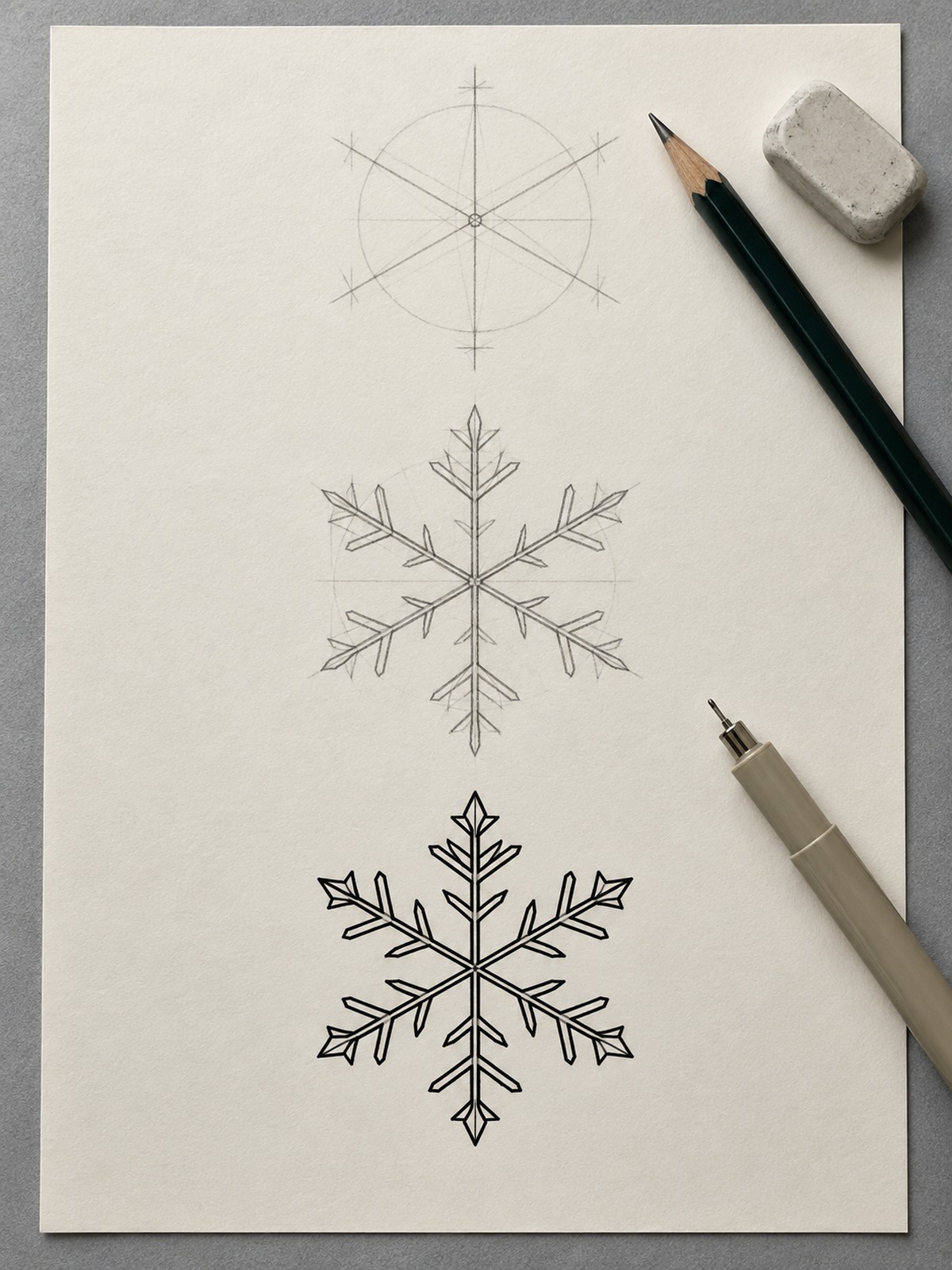 Snowflake drawing shown as guidelines branches and final ink Snowflake drawing shown as guidelines, branches, and final ink | Sky Rye Design Snowflake drawing shown as guidelines, branches, and final ink
