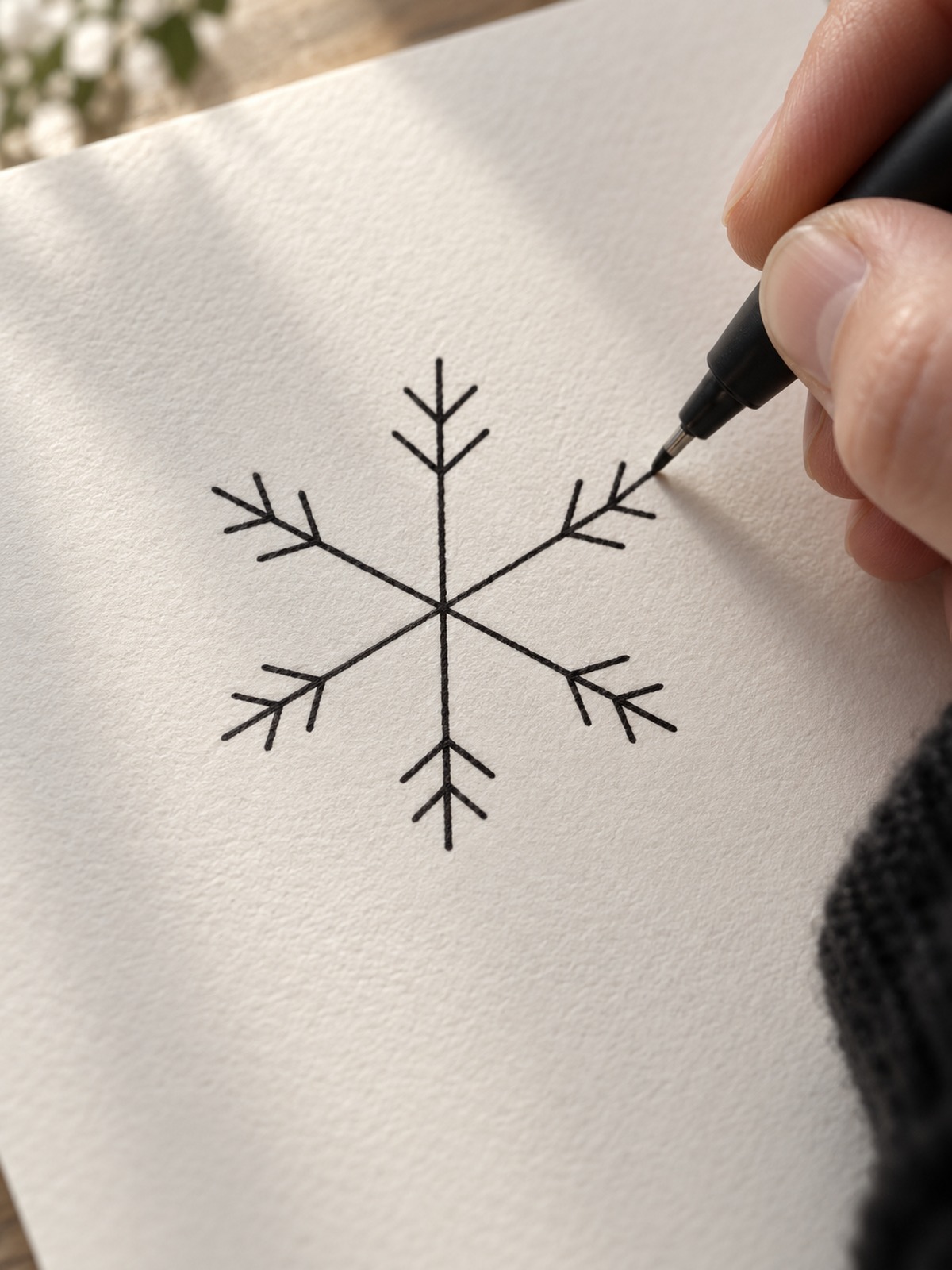 Fine liner adding the final branch to a snowflake drawing Fine liner adding the final branch to a snowflake drawing | Sky Rye Design Fine liner adding the final branch to a snowflake drawing