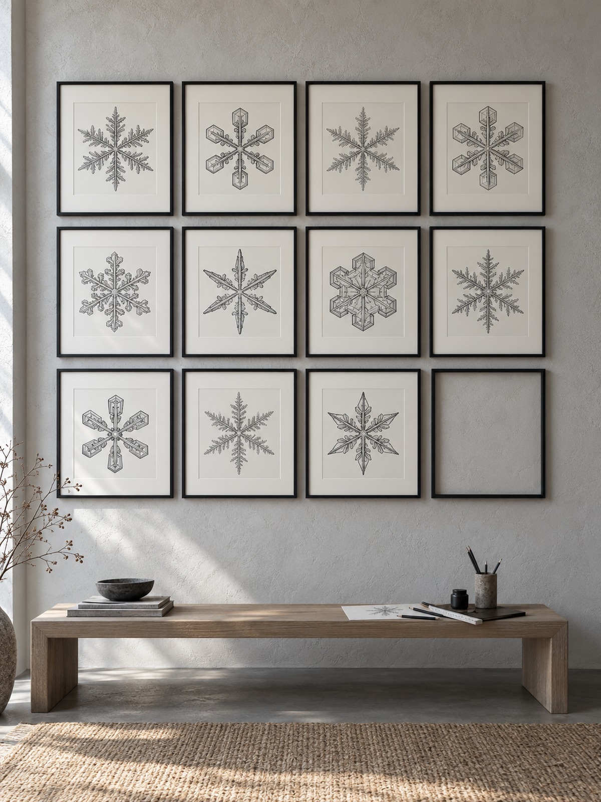 Gallery wall of geometric snowflake line drawings Gallery wall of twelve black-framed prints featuring intricate snowflake drawings in a 4x3 grid above a wooden console table. | Sky Rye Design Gallery wall of geometric snowflake line drawings