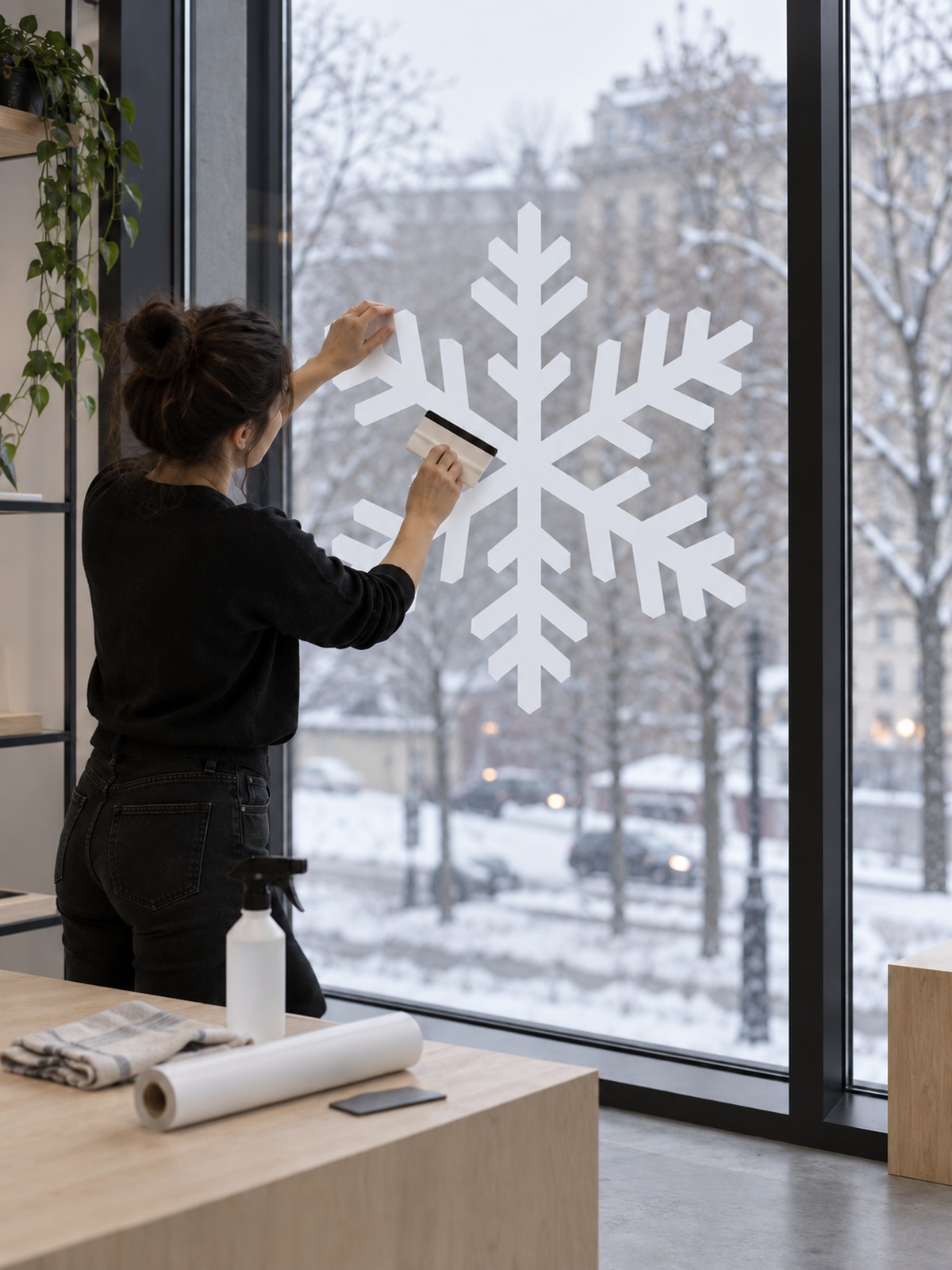 Large white geometric snowflake applied to a studio window Large white geometric snowflake applied to a studio window | Sky Rye Design Large white geometric snowflake applied to a studio window