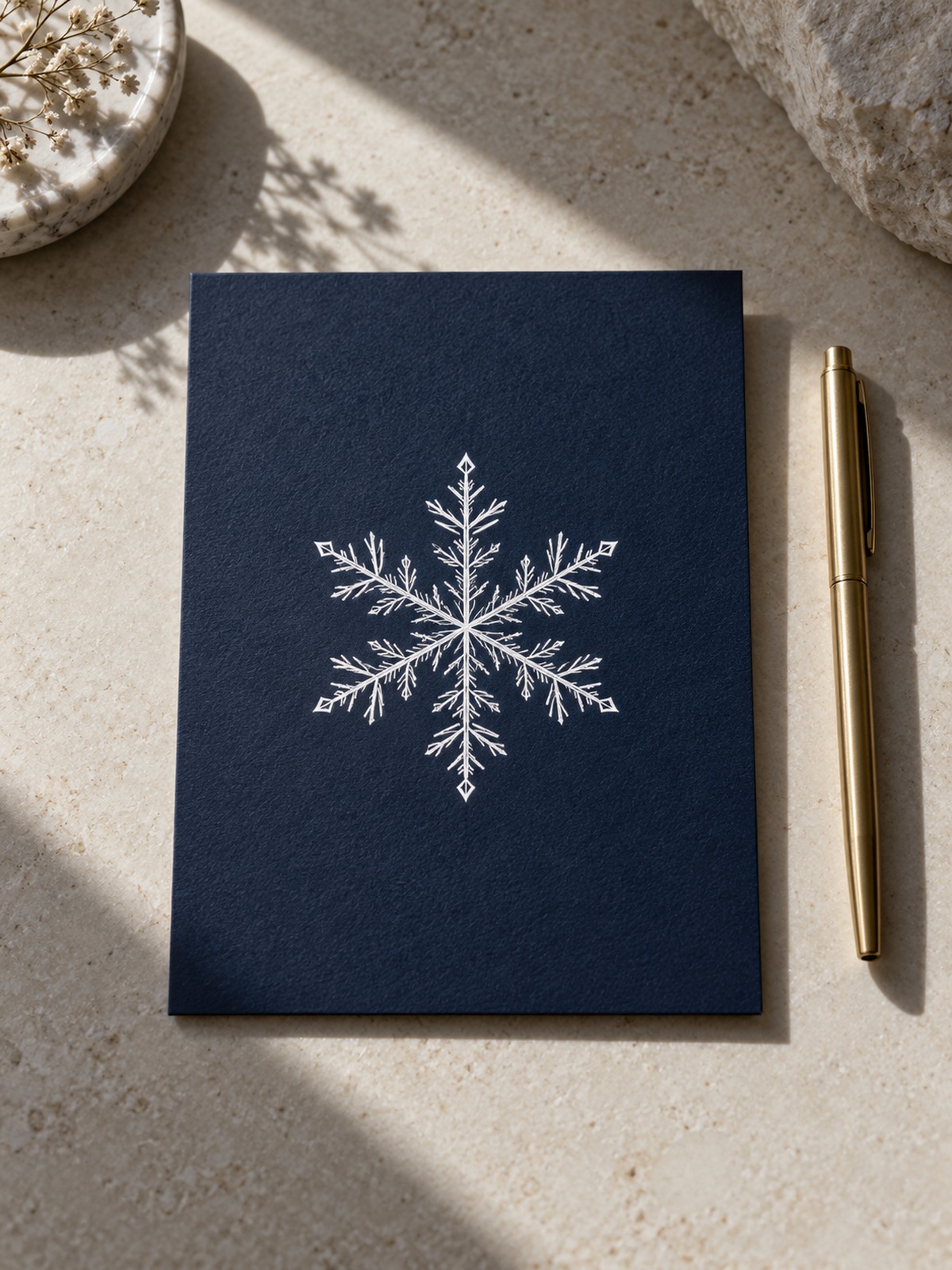 White geometric snowflake drawn on navy cardstock Navy card with a white snowflake design resting on a light stone surface, with a gold pen nearby. | Sky Rye Design White geometric snowflake drawn on navy cardstock