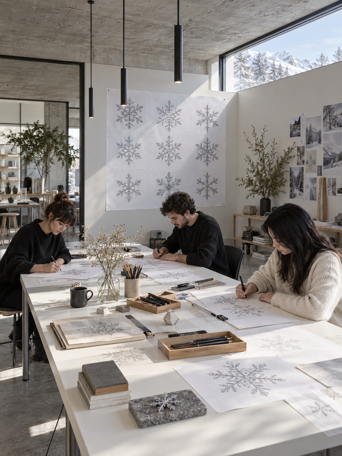 Designers sketching snowflake variations in a modern studio Three people work at a bright studio table, sketching intricate snowflake patterns with pencils and ink. | Sky Rye Design Designers sketching snowflake variations in a modern studio