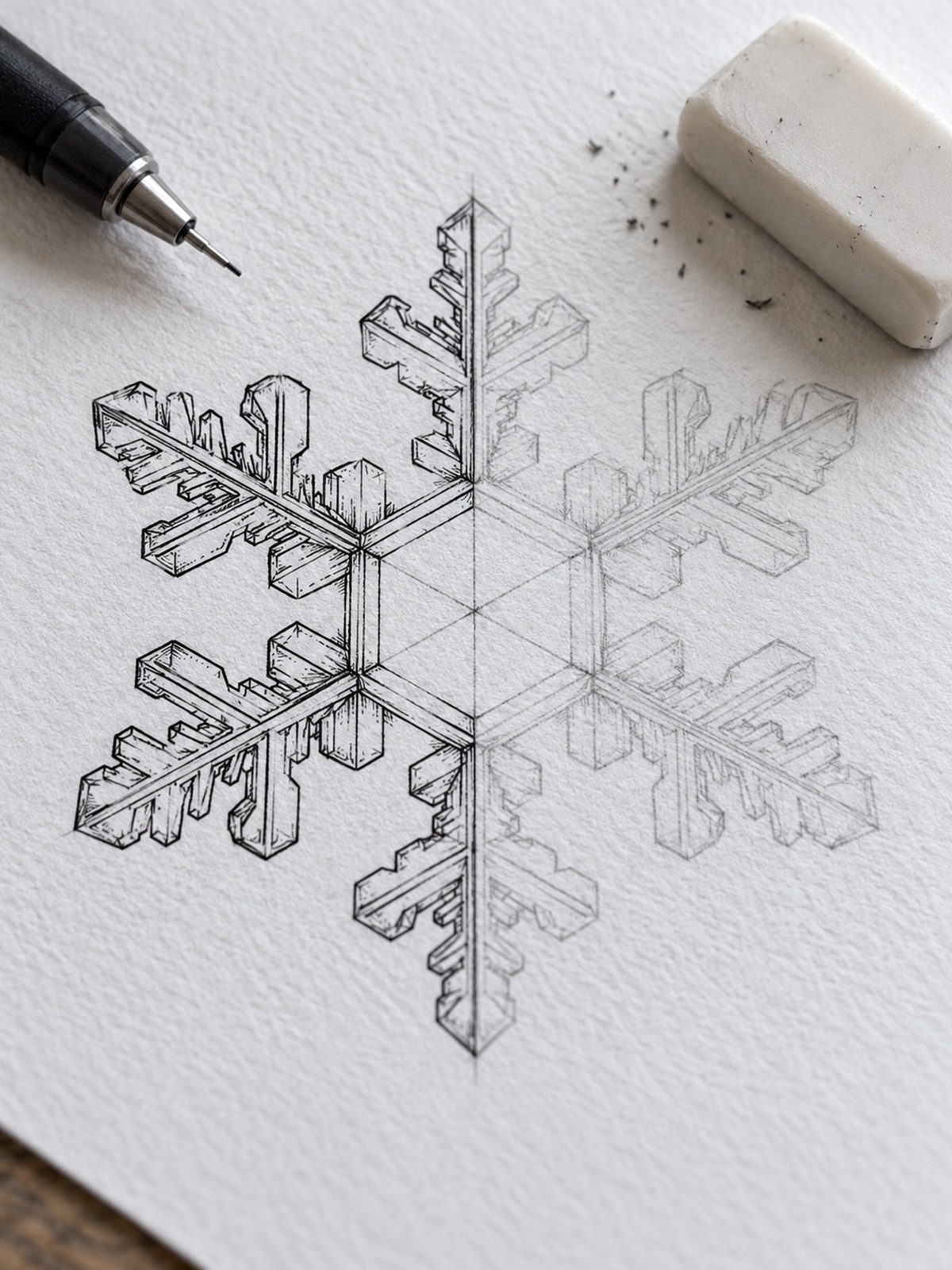 Plate snowflake built from nested hexagons and six spokes Technical drawing of a crystalline, snowflake‑like lattice with interlocking beams and a pen in the corner. | Sky Rye Design Plate snowflake built from nested hexagons and six spokes