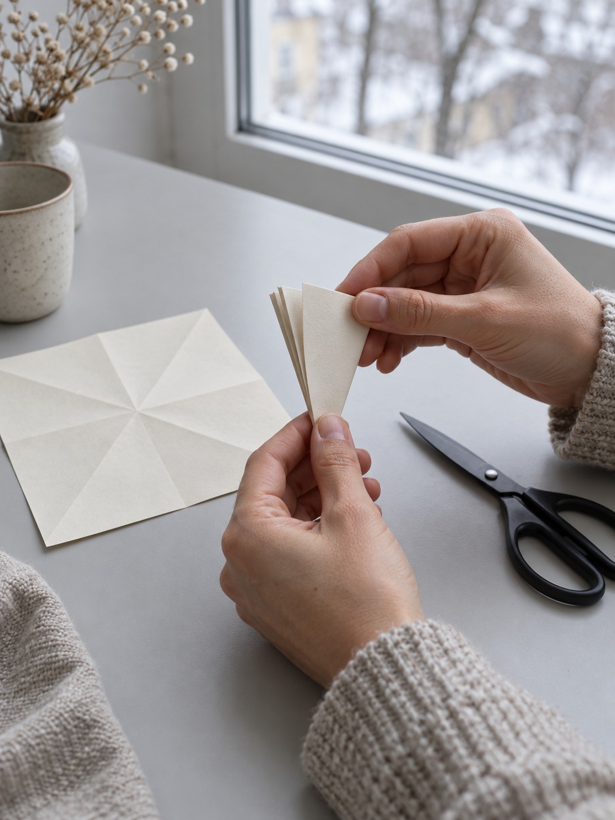 Folding paper into six wedges for snowflake guidelines Folding paper into six wedges for snowflake guidelines | Sky Rye Design Folding paper into six wedges for snowflake guidelines