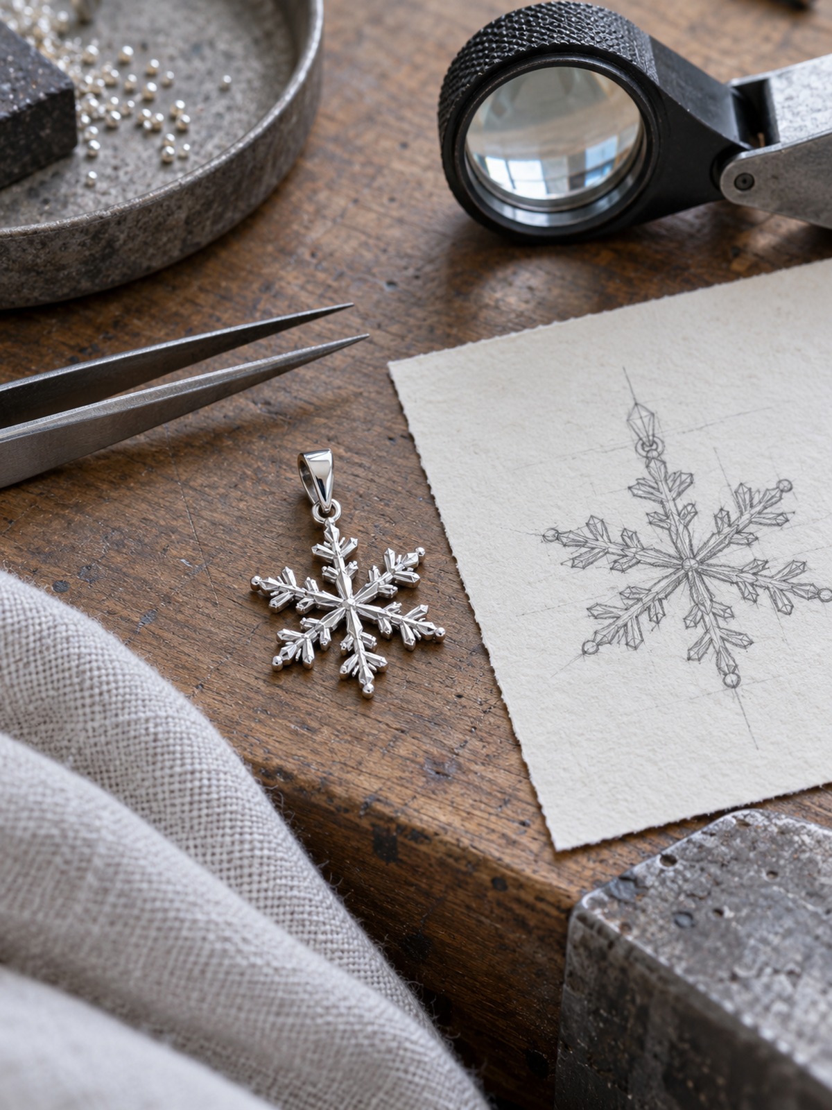 Silver snowflake pendant beside its pencil design sketch Silver snowflake pendant on a wooden worktable beside a sketch of the same snowflake. | Sky Rye Design Silver snowflake pendant beside its pencil design sketch