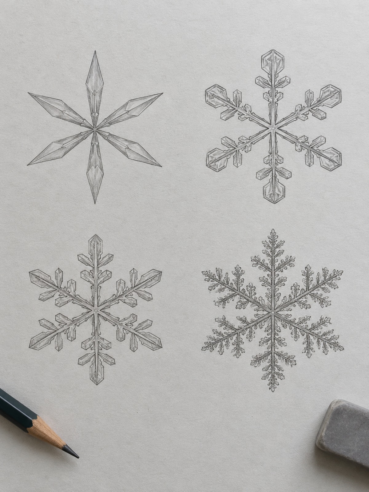 Four snowflake drawings arranged from simple to detailed Four snowflake drawings arranged from simple to detailed | Sky Rye Design Four snowflake drawings arranged from simple to detailed