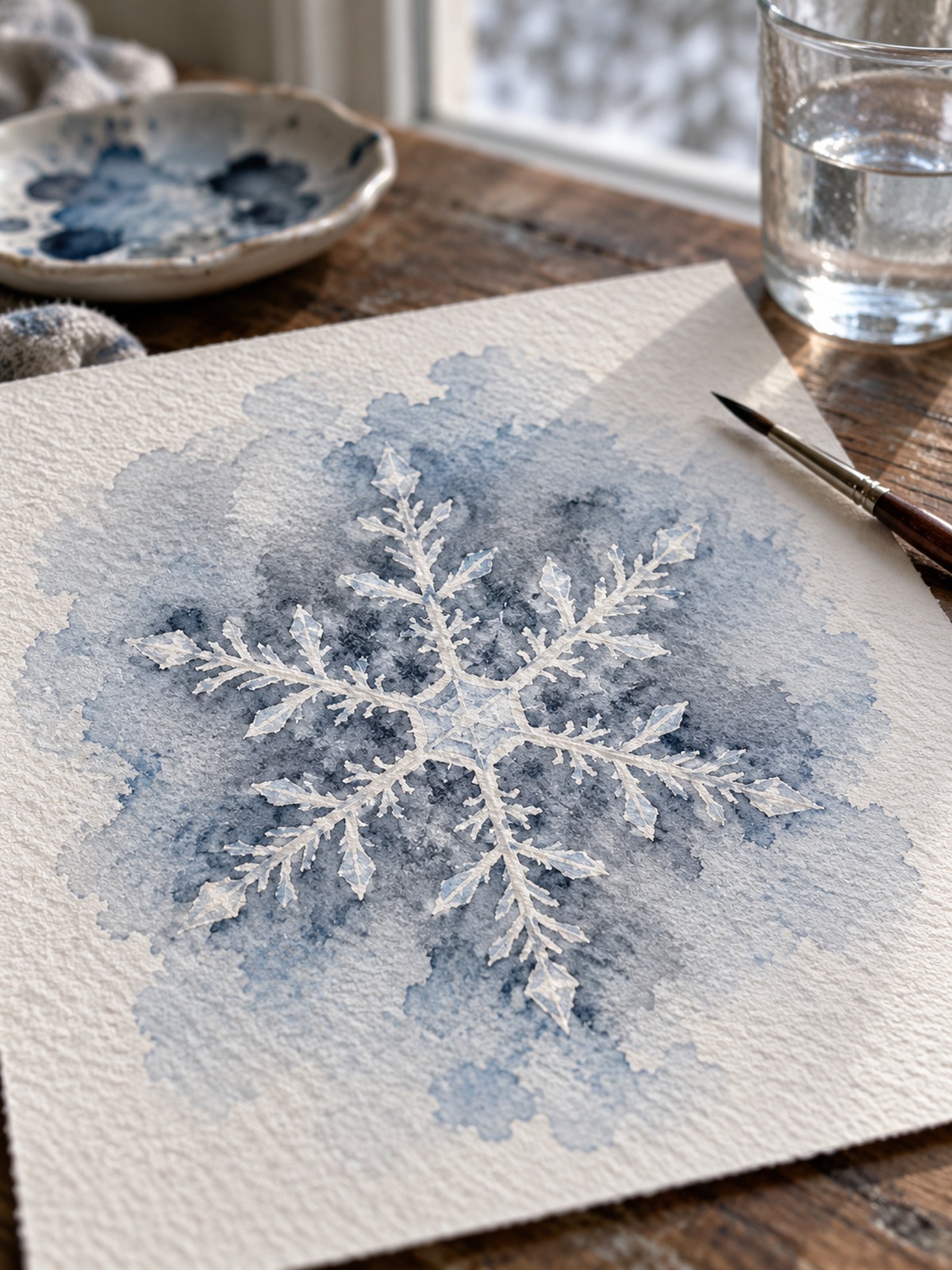 Snowflake reserved in white against a pale blue watercolor wash Snowflake reserved in white against a pale blue watercolor wash | Sky Rye Design Snowflake reserved in white against a pale blue watercolor wash