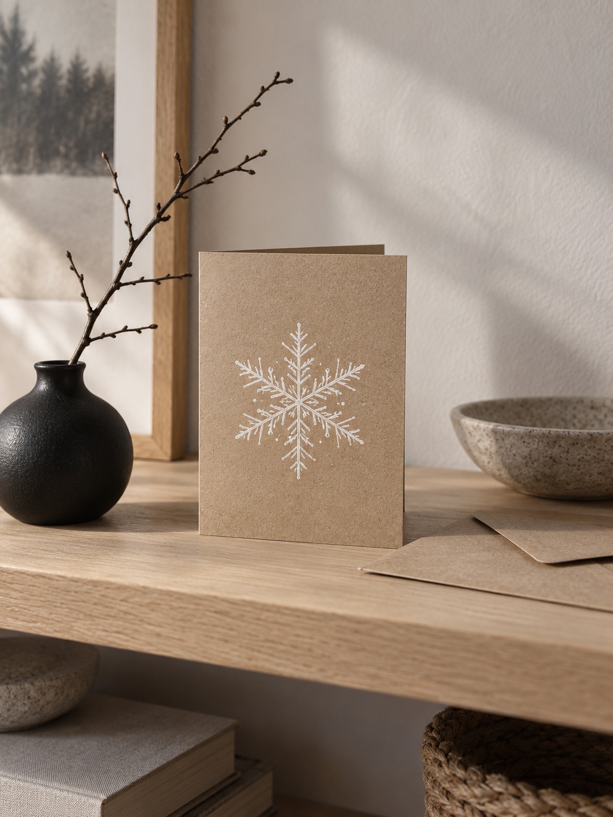 Kraft greeting card with a single white snowflake Kraft-colored holiday card with a white snowflake design on a wooden table. | Sky Rye Design Kraft greeting card with a single white snowflake