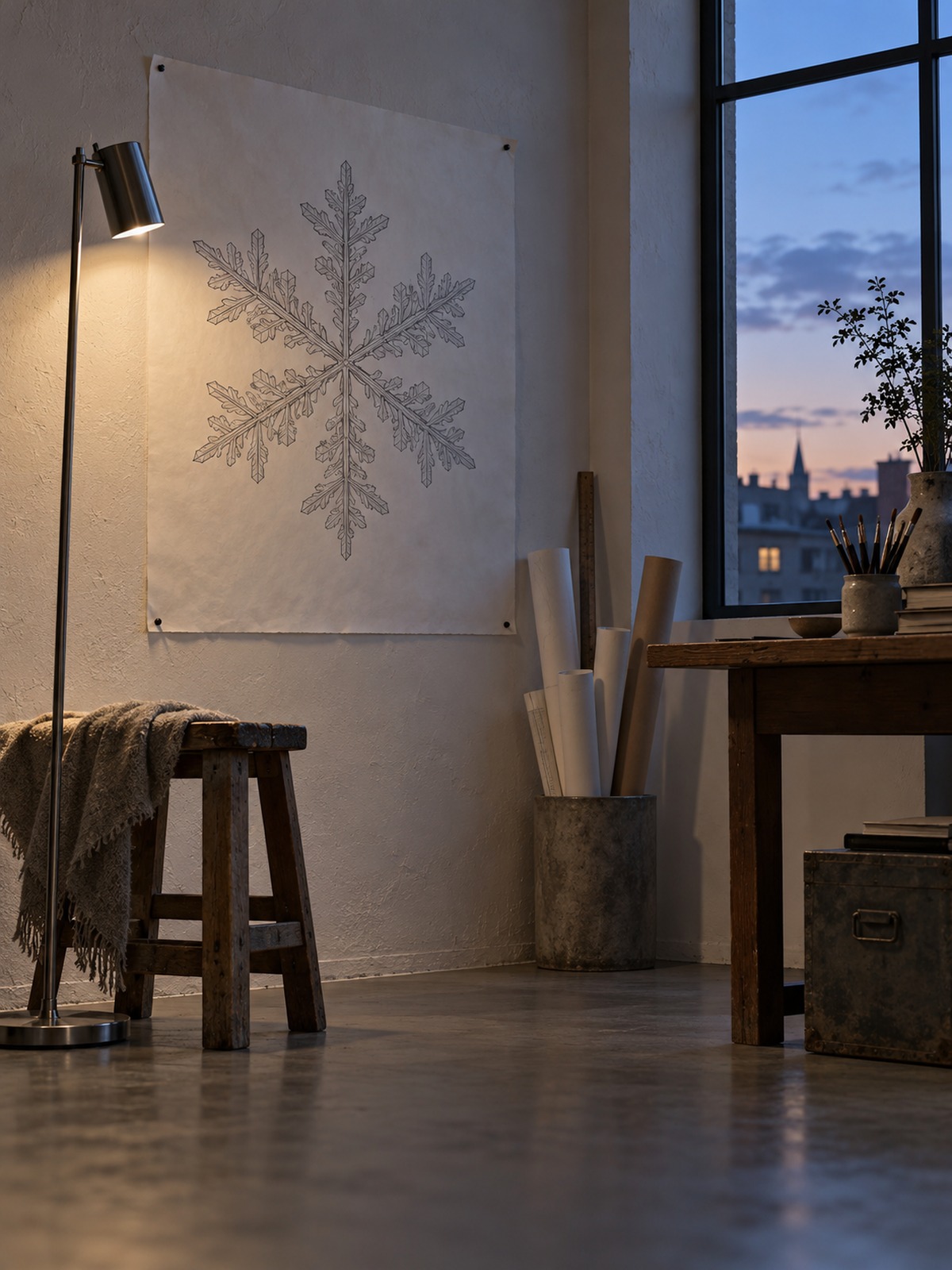 Large snowflake line drawing pinned in a studio at dusk Art studio corner with a large snowflake drawing on the wall, warm floor lamp, and a wooden stool beside rolled papers and a desk by a window at dusk. | Sky Rye Design Large snowflake line drawing pinned in a studio at dusk