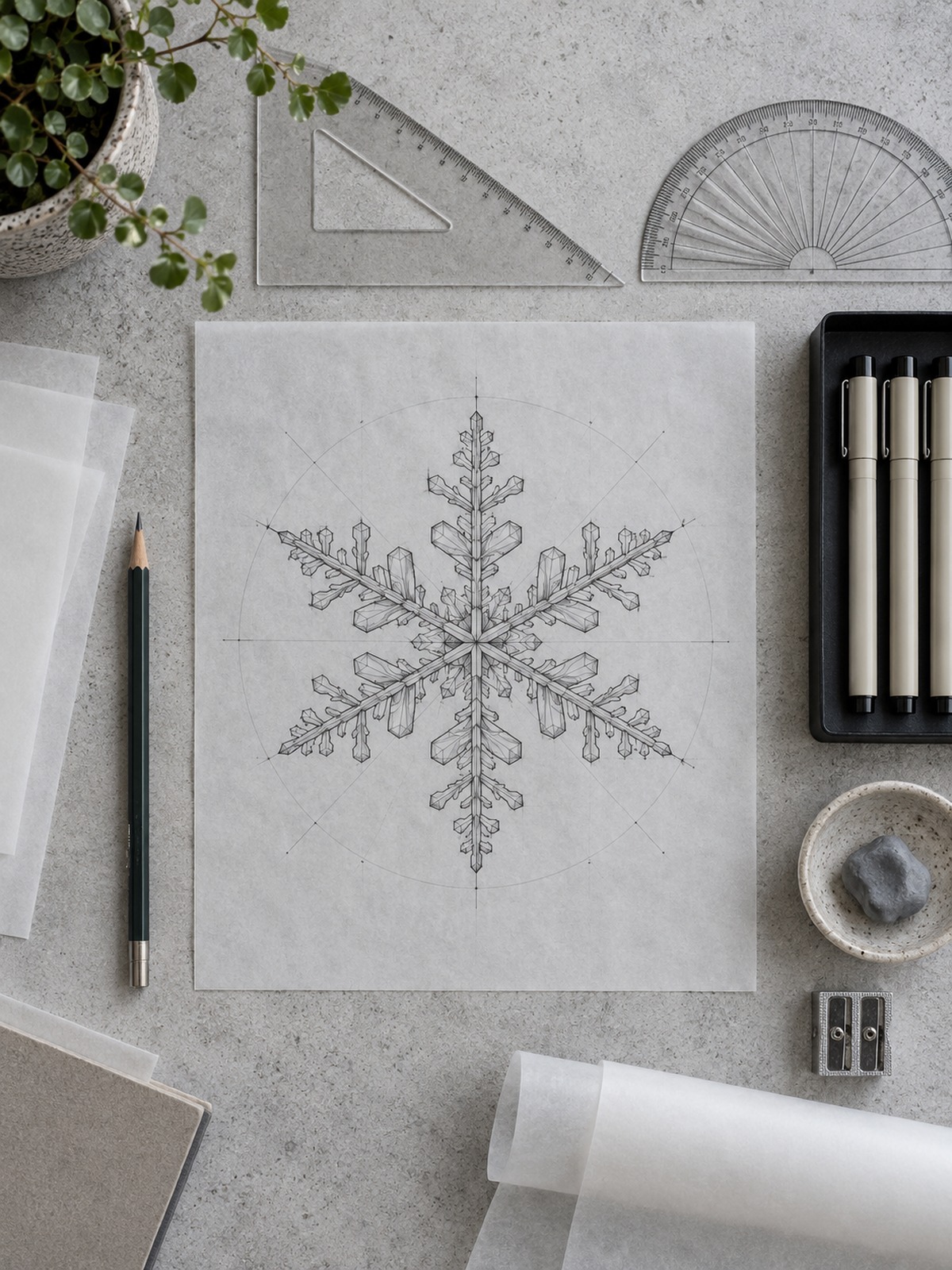 Snowflake drawing tools arranged around a finished sketch Snowflake drawing tools arranged around a finished sketch | Sky Rye Design Snowflake drawing tools arranged around a finished sketch