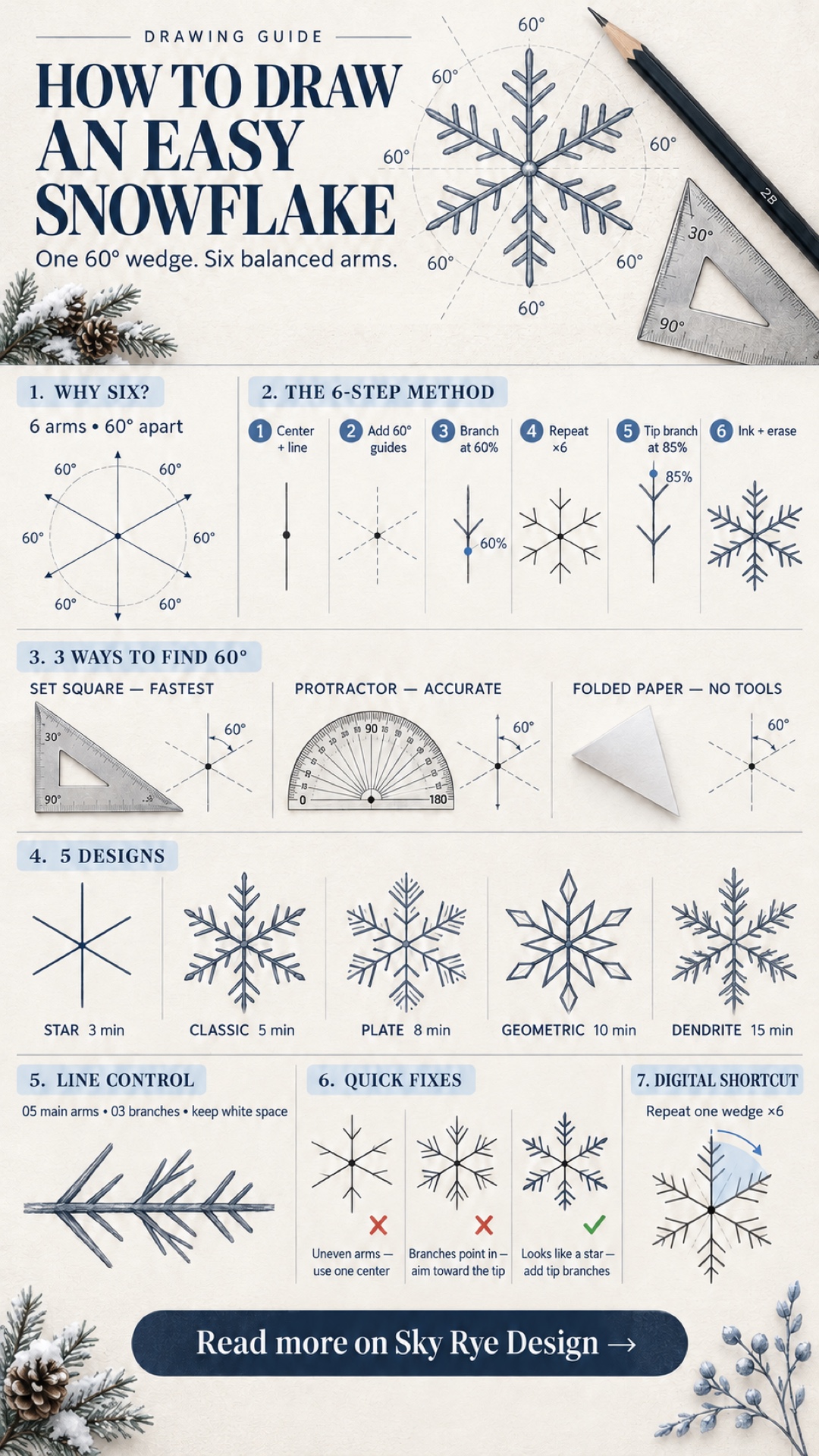 How to Draw an Easy Snowflake Infographic Easy snowflake drawing infographic showing the six-step 60-degree method | Sky Rye Design Easy snowflake drawing infographic showing the six-step 60-degree method