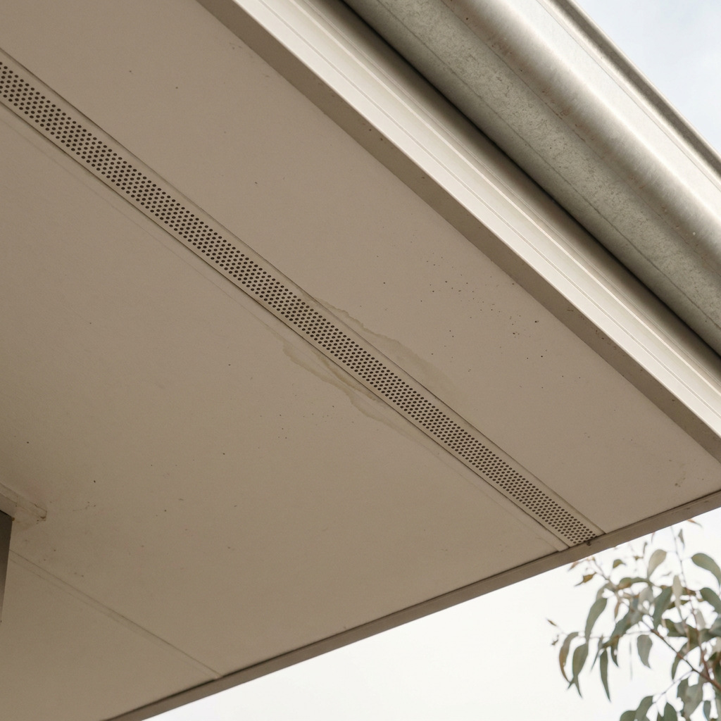 Close view of a fine perforated soffit vent beneath a timber-lined eave