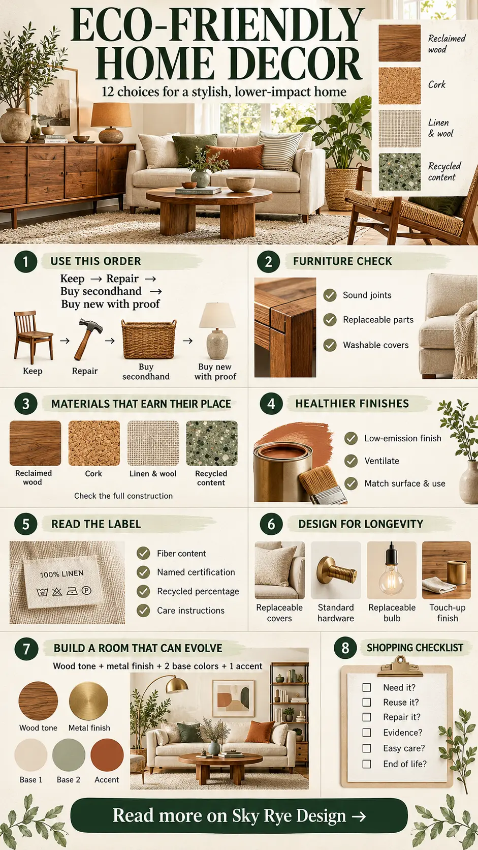 Eco-Friendly Home Decor Infographic Eco-friendly home decor infographic showing reuse, responsible materials, healthier finishes, repairable design, and a shopping checklist | Sky Rye Design Eco-friendly home decor infographic showing reuse, responsible materials, healthier finishes, repairable design, and a shopping checklist