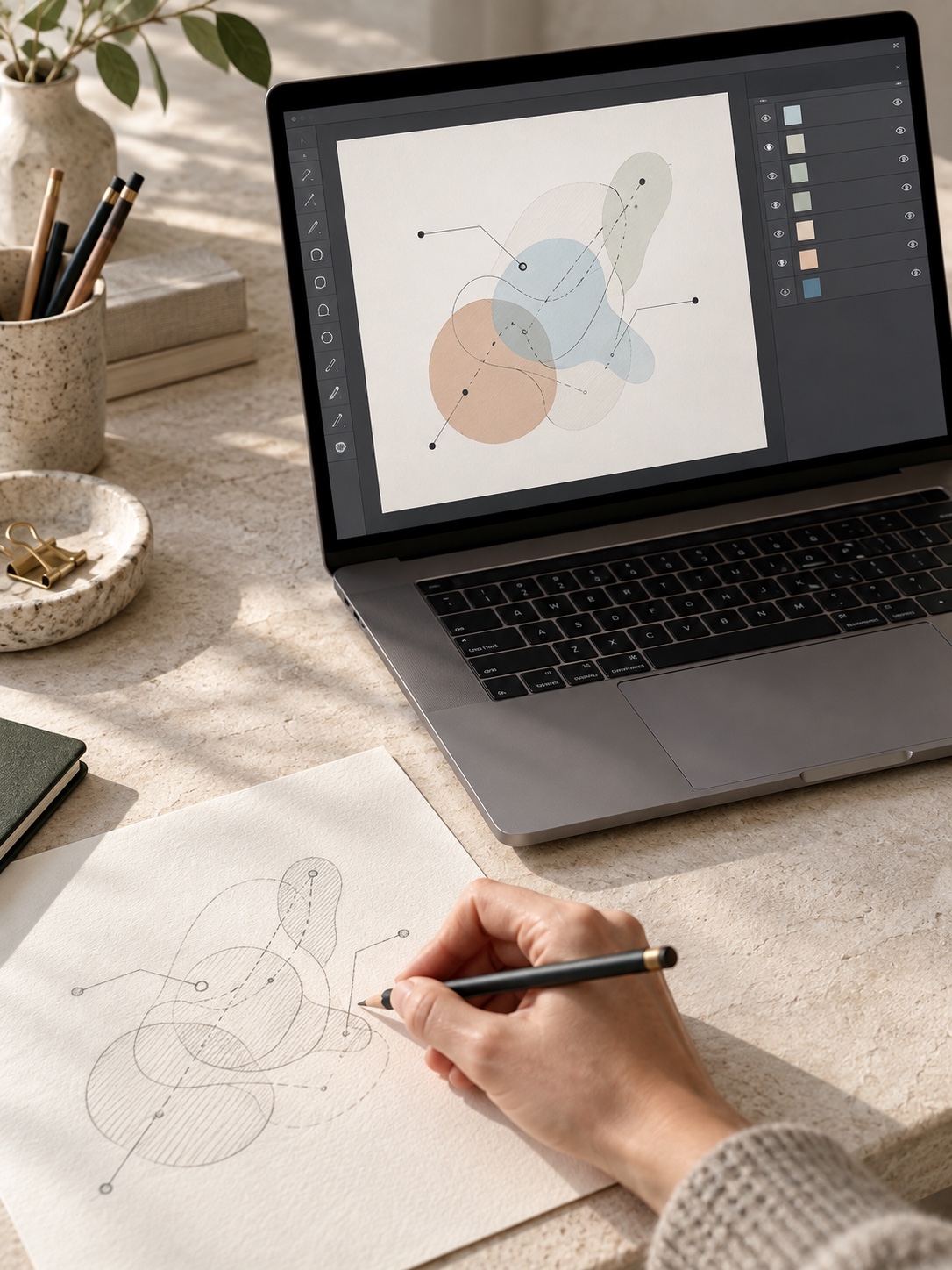 A laptop shows an abstract vector editor and layers panel beside a pencil thumbnail.