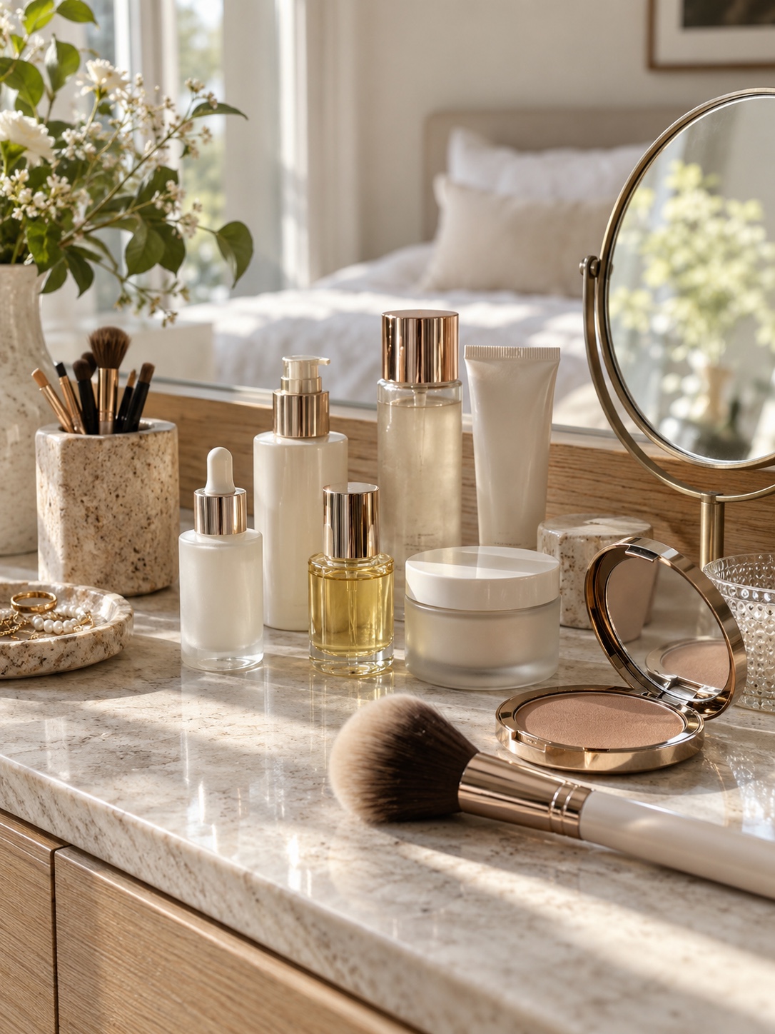 Editorial makeup vanity arrangement Makeup and skincare bottles arranged on a clean vanity in soft natural light | Sky Rye Design Makeup and skincare bottles arranged on a clean vanity in soft natural light