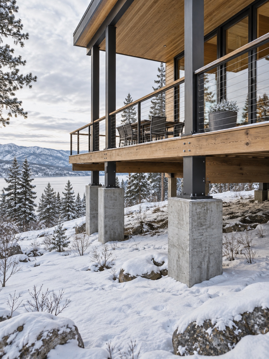 Elevated Deck Footings in Snow Concrete footings beneath a modern elevated deck in snowy ground | Sky Rye Design Concrete footings beneath a modern elevated deck in snowy ground
