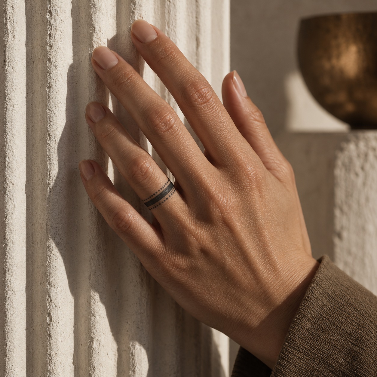 Ring finger with an engraved-style band framed by milgrain dots