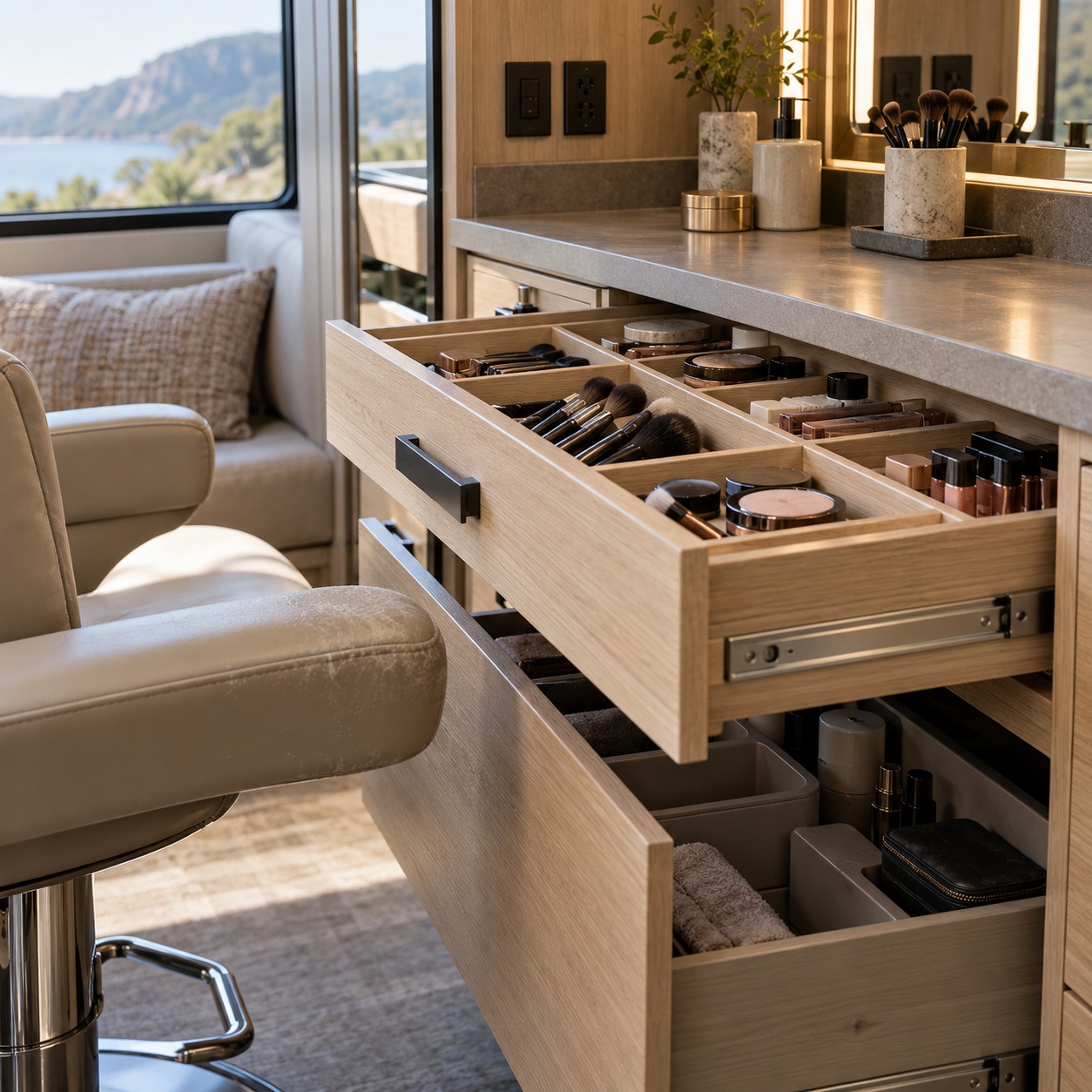 Shallow divided makeup drawers beside a salon chair with clear passage behind it