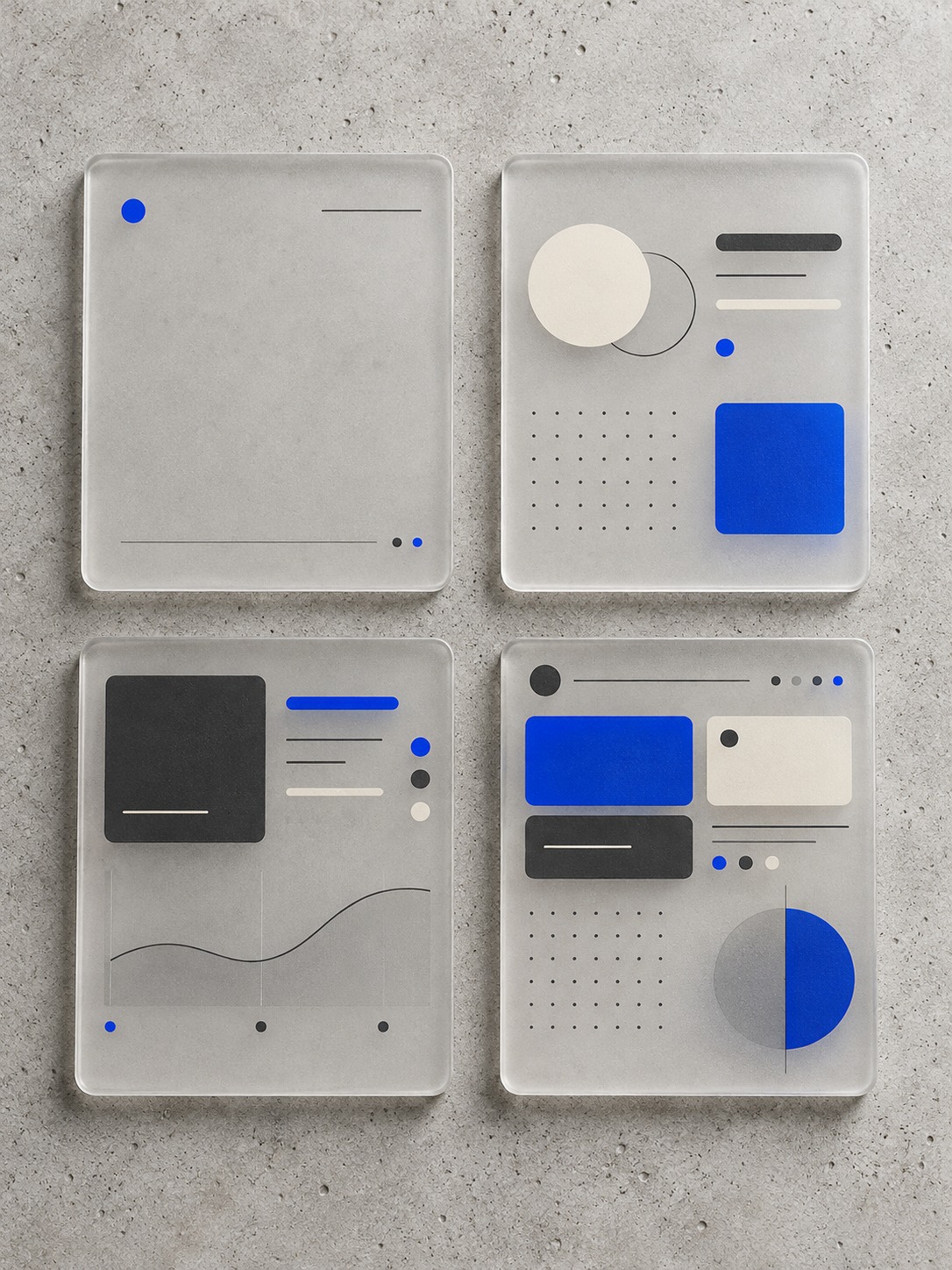 Four interface cards with different visual weights arranged in a grid