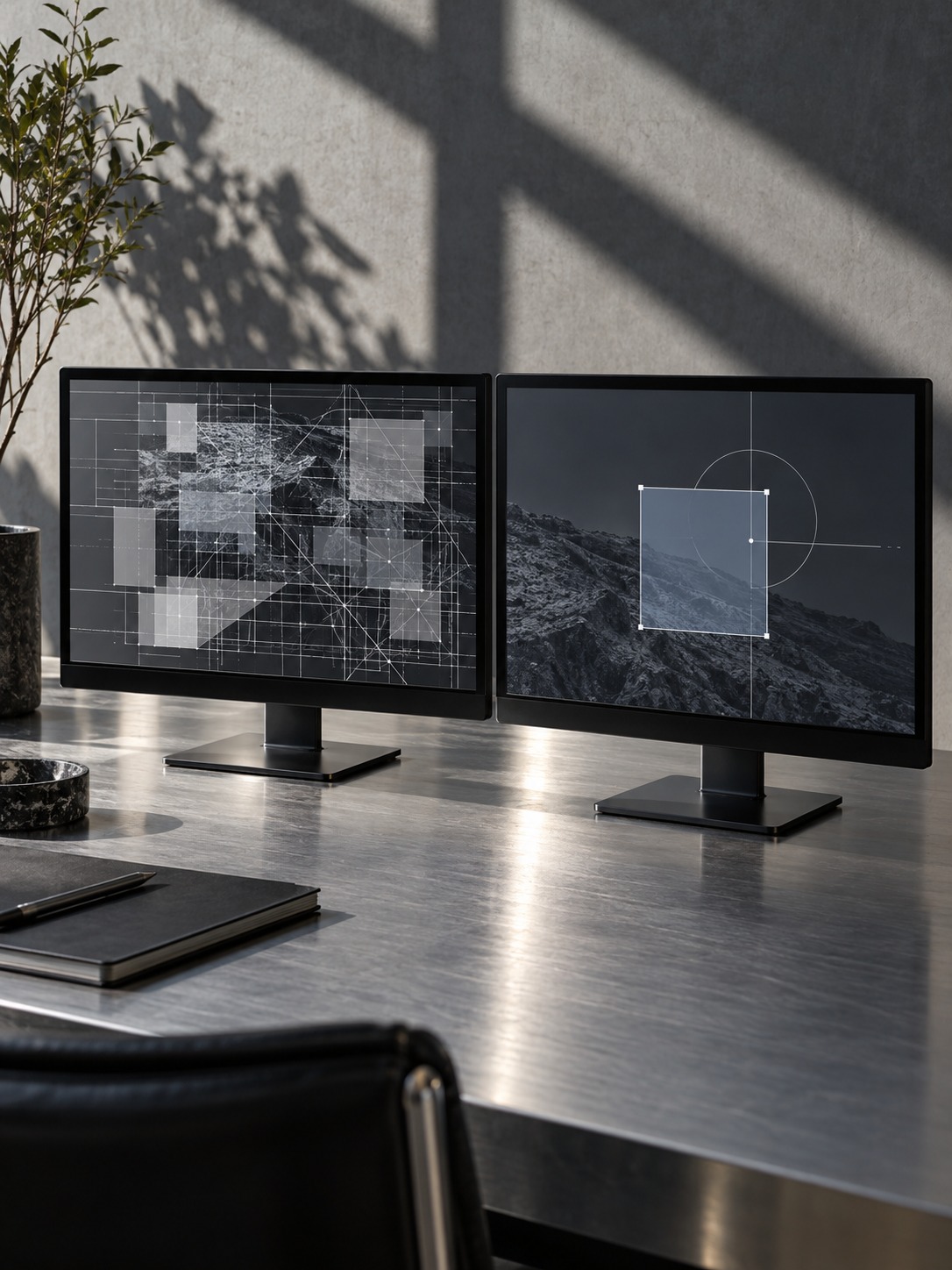 Two monitors comparing a cluttered abstract overlay with a restrained display