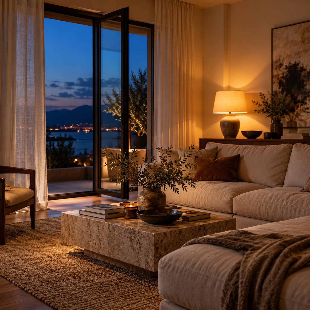 Evening living room ajar window Warm lamp light and blue dusk in a living room with a glazed door slightly open. | Sky Rye Design Warm lamp light and blue dusk in a living room with a glazed door slightly open.