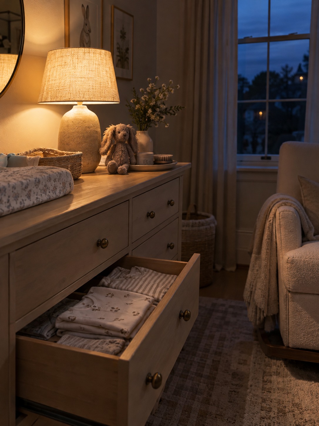 Evening nursery sleepwear drawer Warm lamp beside an open sleepwear drawer in a nursery at dusk | Sky Rye Design Warm lamp beside an open sleepwear drawer in a nursery at dusk