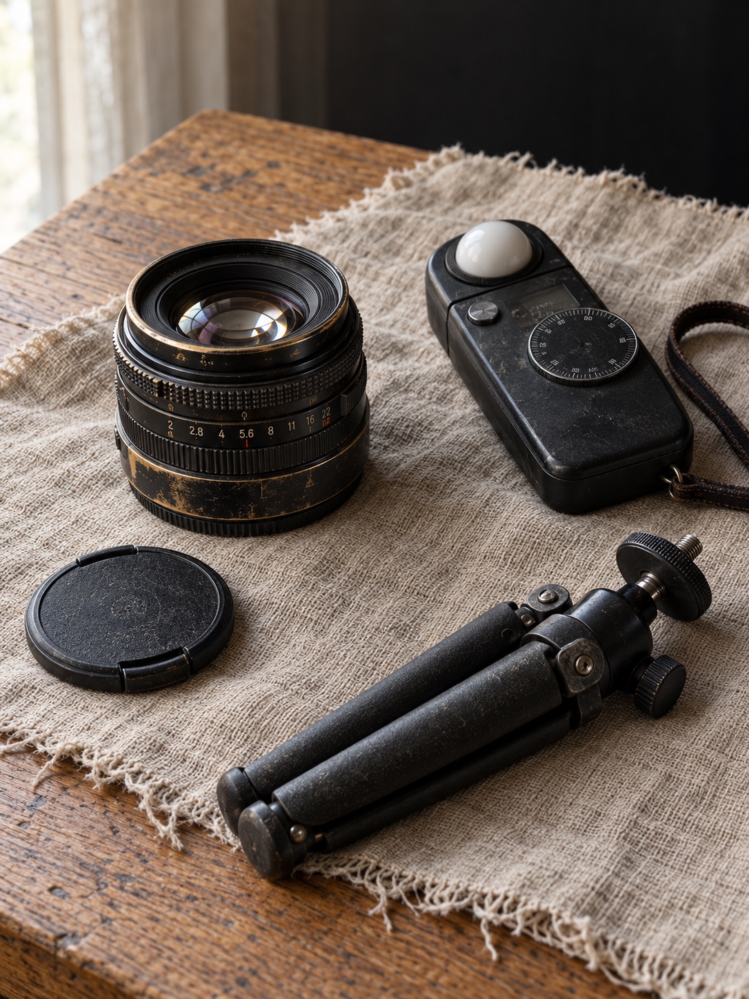 Exposure controls as a tactile still life Unbranded vintage lens with an aperture ring, a handheld light meter, and a small tripod arranged on raw linen in window light | Sky Rye Design Unbranded vintage lens with an aperture ring, a handheld light meter, and a small tripod arranged on raw linen in window light
