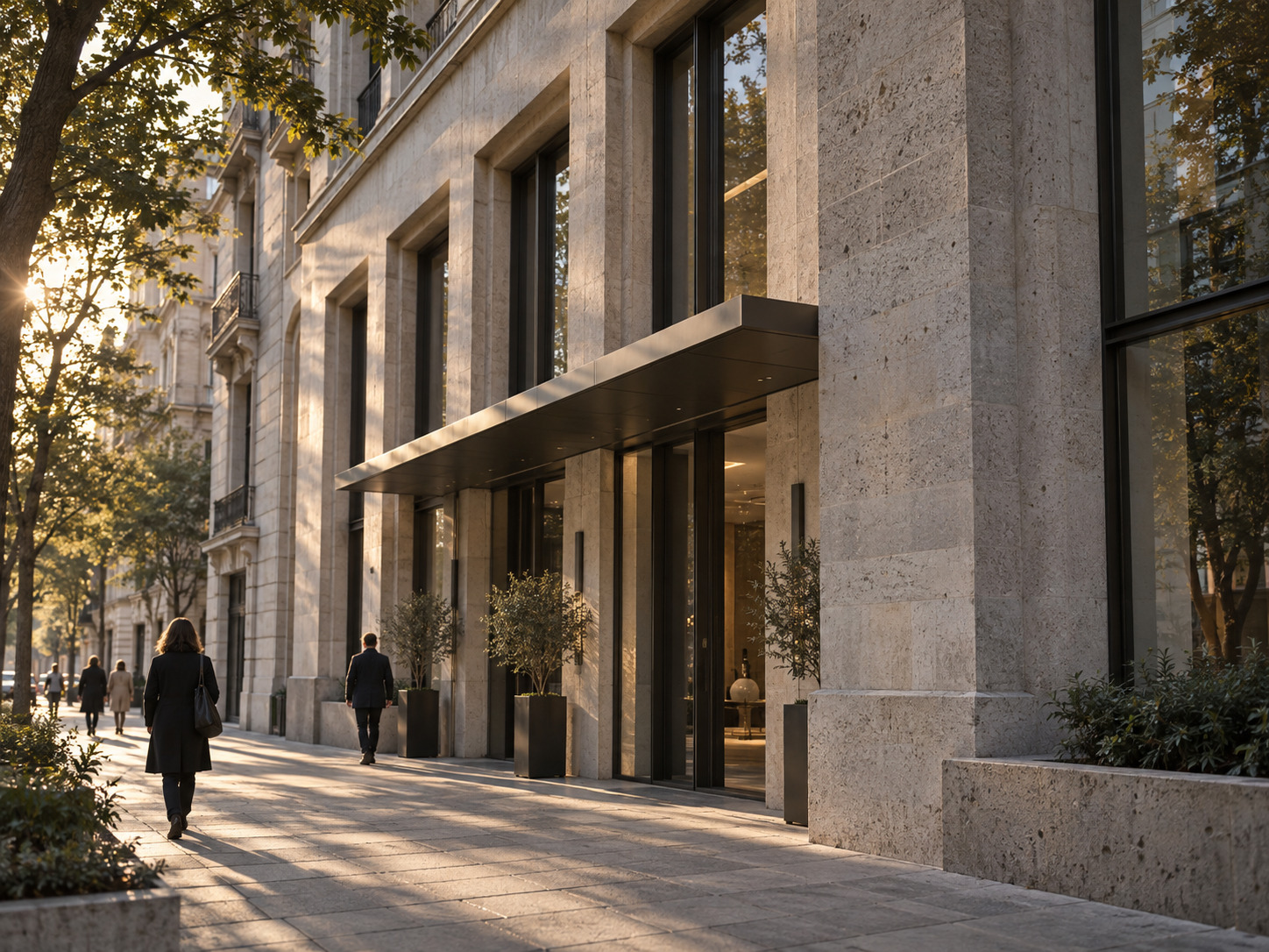 Late afternoon light casting shadows across a stone facade