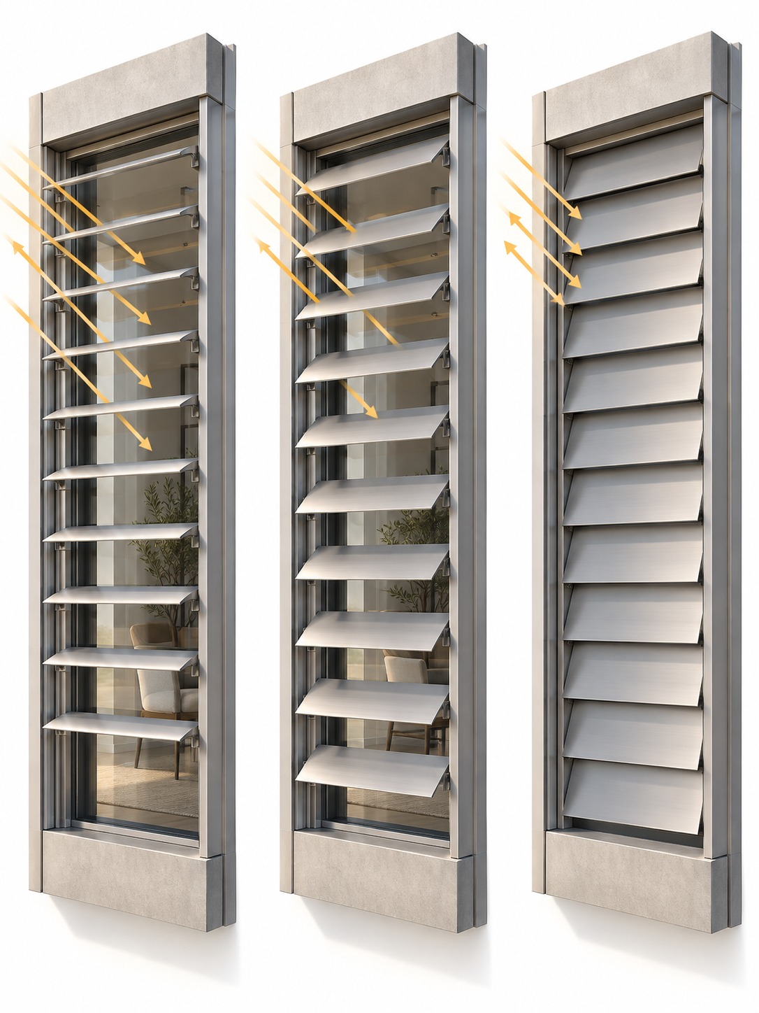 One facade bay shown open, half open and closed with sunlight arrows