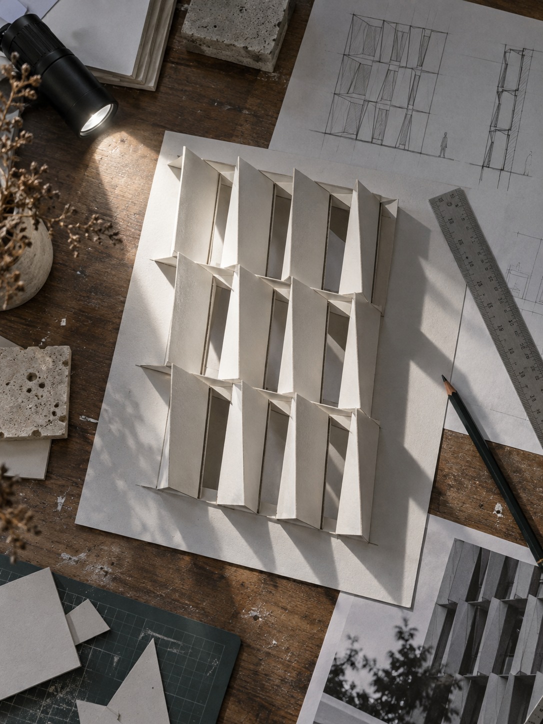 White card facade model casting a shadow on a work table