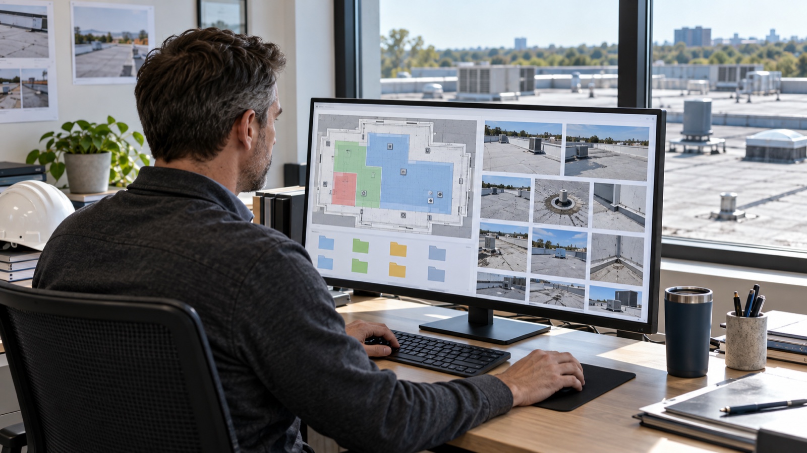 Working from an organized roof asset file Facility manager at a desk reviewing an organized digital roof file with roof plan graphics and inspection photo thumbnails | Sky Rye Design Facility manager at a desk reviewing an organized digital roof file with roof plan graphics and inspection photo thumbnails